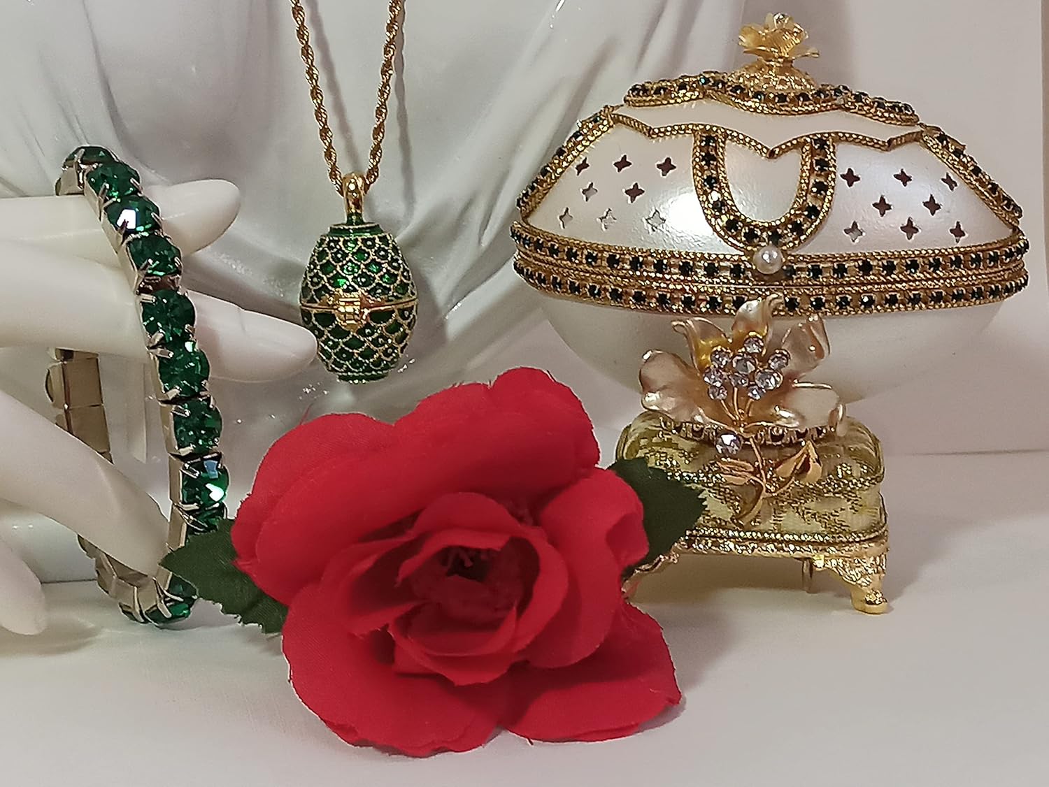 UNIQUE New Home Owner Gifts Limited Edition FABERGE Egg Home trinket NATURAL HANDCARVE Egg Decor Floral Music Box Austrian Crystal EMERALD HANDSET 24k GOLD LUXURY Fabergé Present Decor Gift Idea woman