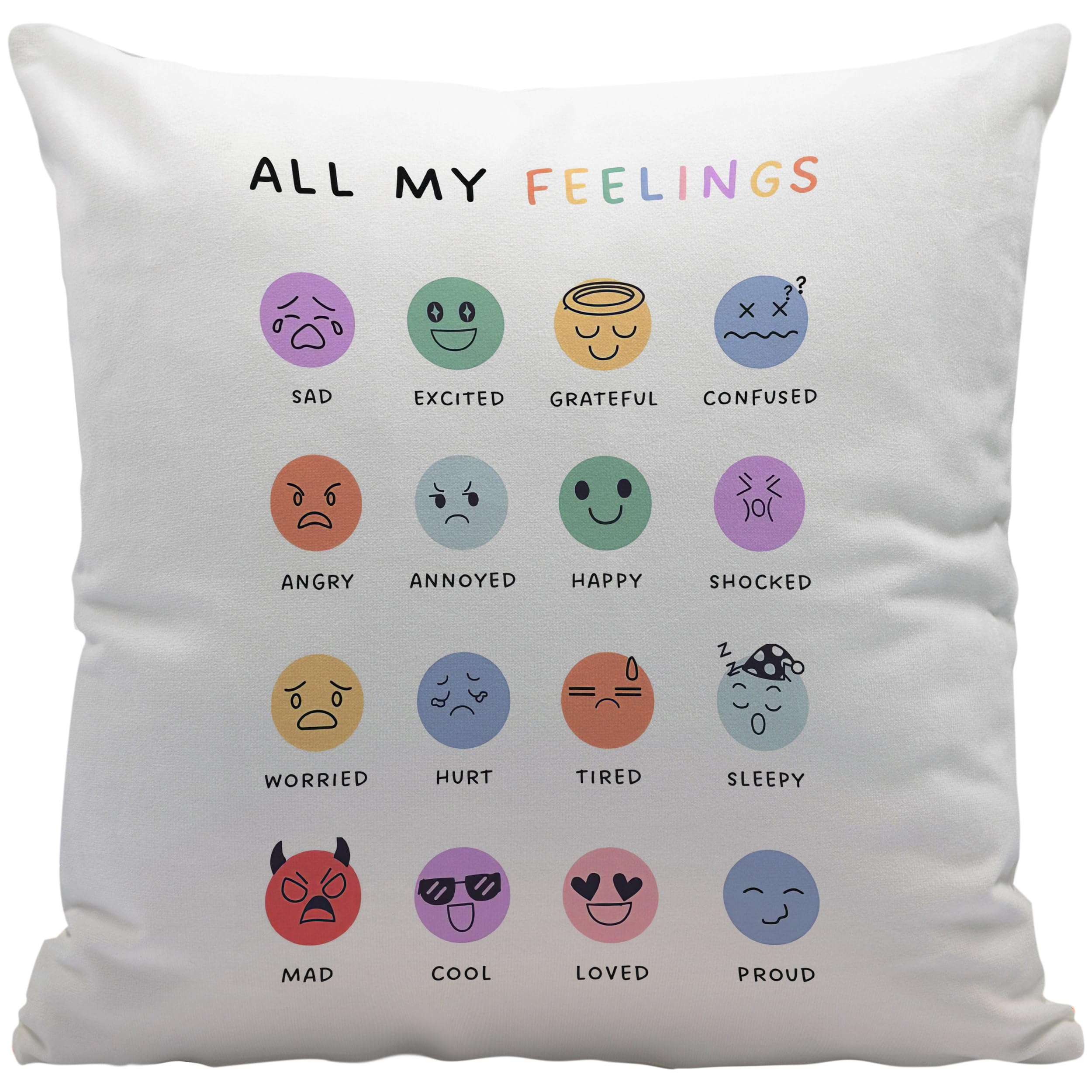 Mental Health All My Feelings Emotions Educational Chart Throw Pillow Cover for Therapy Office School Counselor Office Calming Corner Decor,Mental Health Gifts for Girls Boys Kids，18x18 Inches
