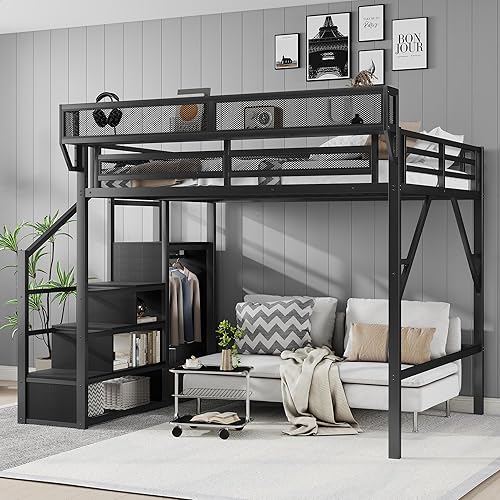 KEIKI Queen Size Metal Loft Bed Frame with Convertible Staircase, Built-in Storage Shelves and Wardrobe, Loft Bed with Solid Slats, Guardrail, No Box Spring Required, Easy Assembly, for Bedroom, Black