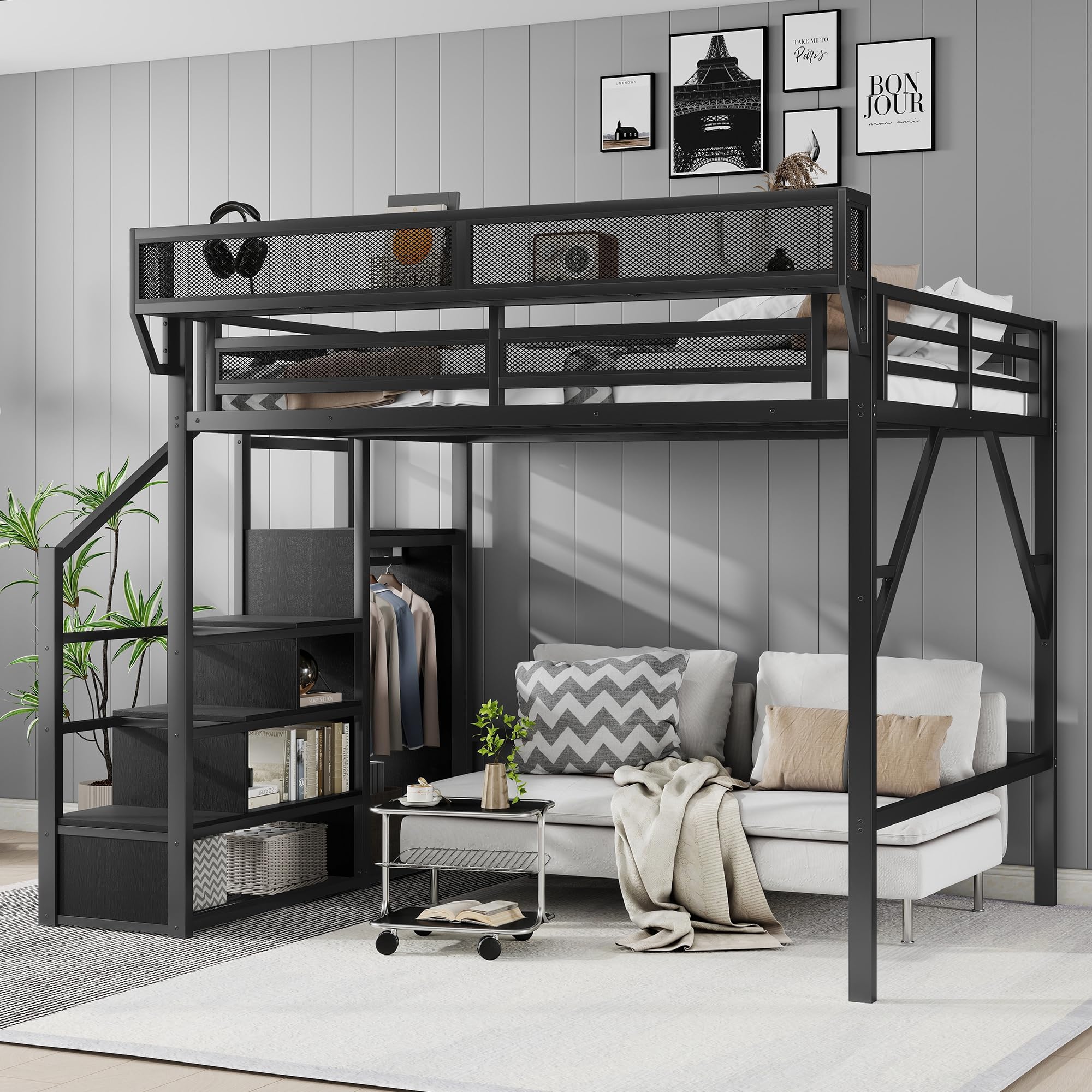KEIKI Queen Loft Bed with Staircase