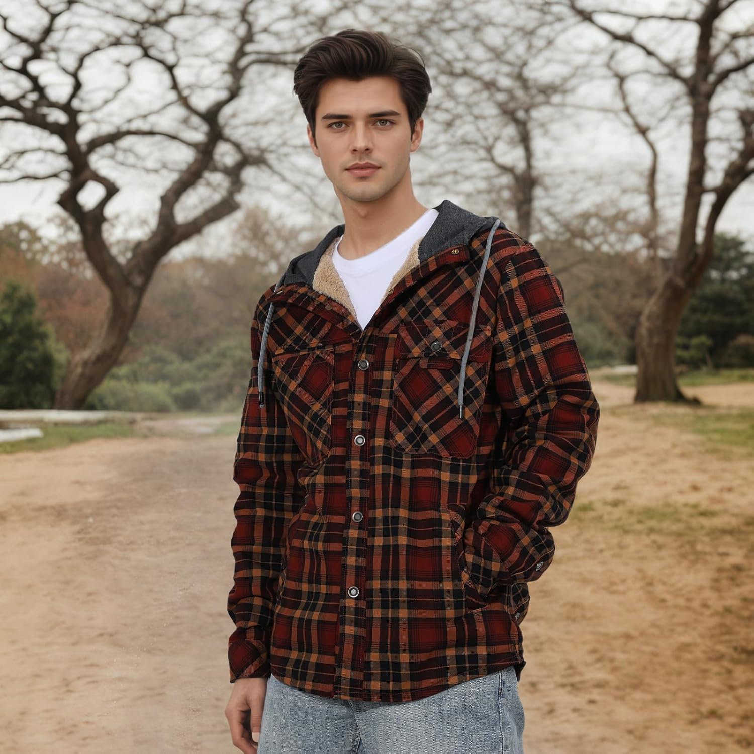 KUANG! Men's Flannel Jacket Loose Plaid Sherpa Lined Flannel Shirt Snap Button Warm Winter Jackets with Hood - Image 2