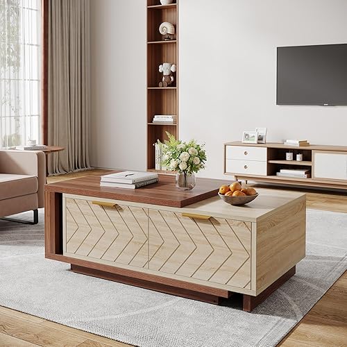 Miniatura 3 de Tribesigns - Mesa de centro extensible con 2 cajones de almacenamiento, mesa central de dos tonos con tablero deslizante, mesa de cóctel rectangular