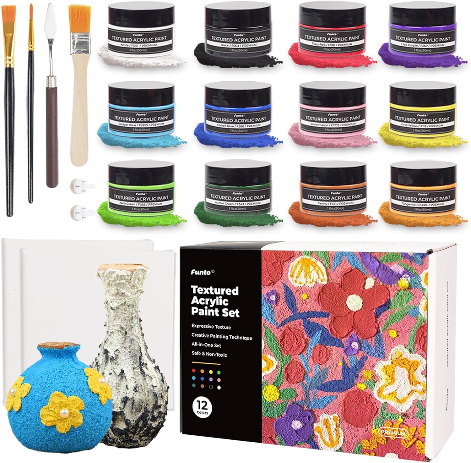 Funto kit de pintura acrílica texturizada,12 colores vibrantes con herramientas y lienzos. Perfecto para manualidades y arte, apto para todos los niveles. Suministros seguros y no tóxicos.
