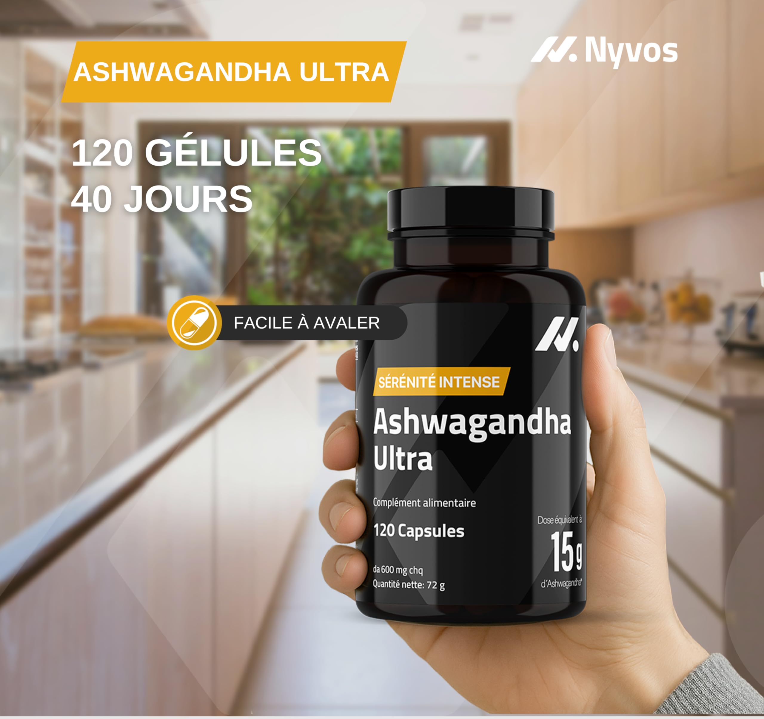 Ashwagandha Shoden Ultra® 35% de Withanolides – 15 000 mg équivalent | 7x plus concentré que l’Ashwagandha KSM-66 | Soutien à la concentration, au sommeil profond et à l’énergie | 120 gélules – Nyvos