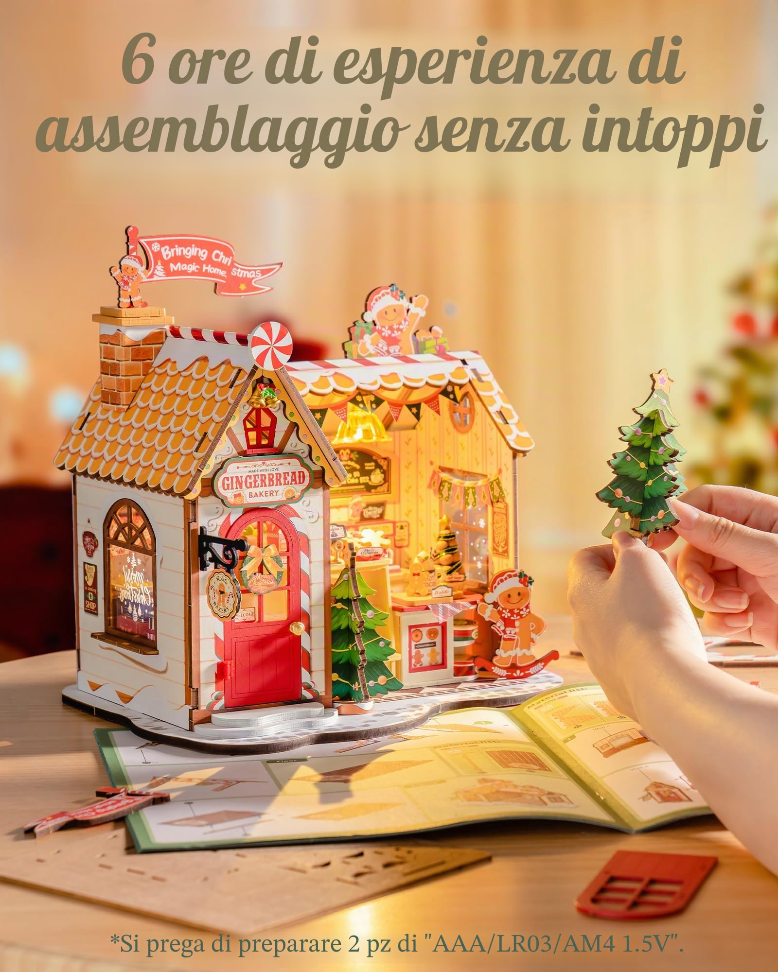Rolife Casa delle Bambole di Natale Casetta Pan di Zenzero Kit Miniatura Fai-da-te Modello in Legno Decorazione Natalizia Regalo Creativo per Adulti e Ragazzi