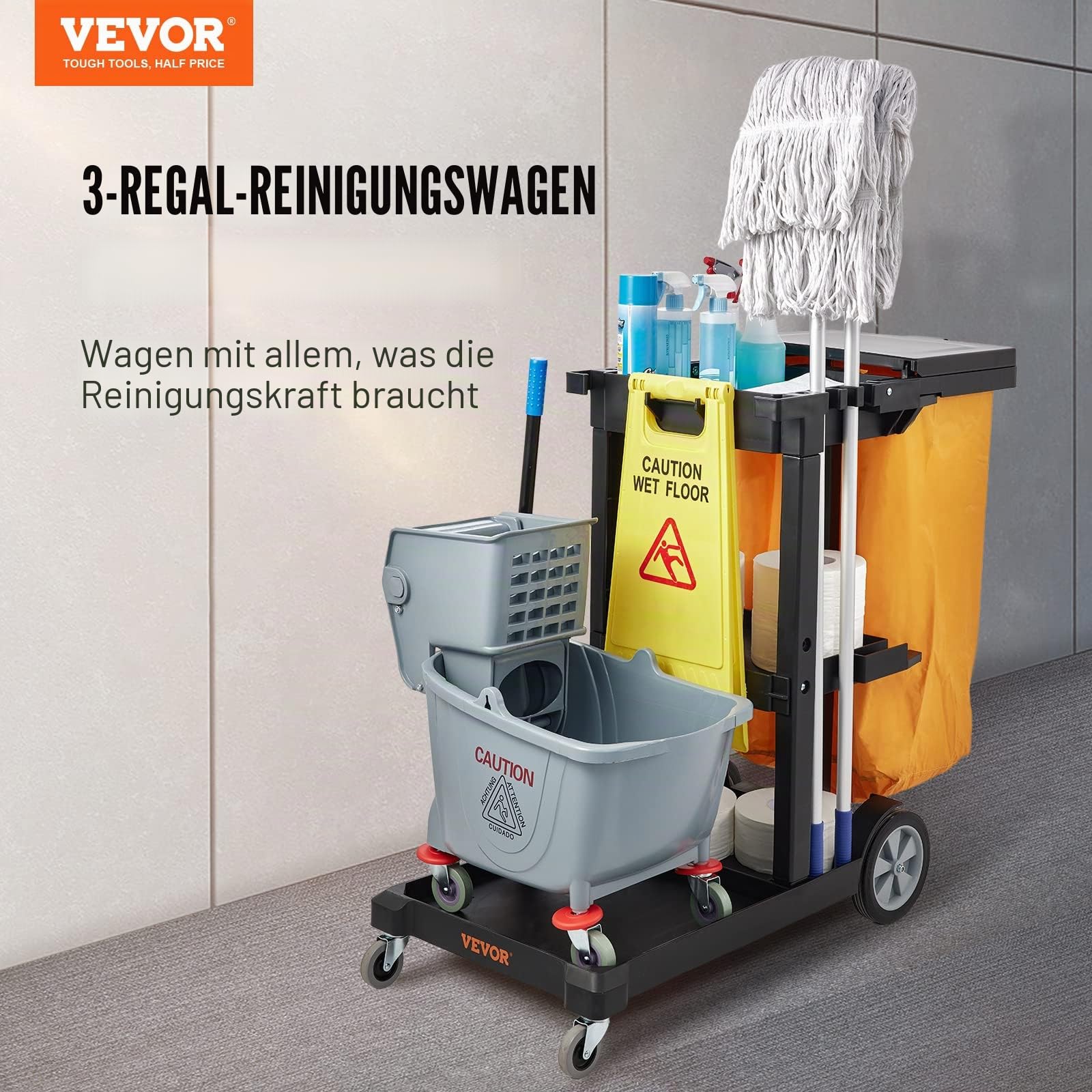 VEVOR Reinigungswagen Putzwagen mit 3 Fächern, Hygienewagen Reinigungswagen 90,7 kg Tragfähigkeit, Schwarz PP Wischwagen Systemwagen mit PVC-Müllsack, Geeignet für Büros, Einkaufszentren, Hotels