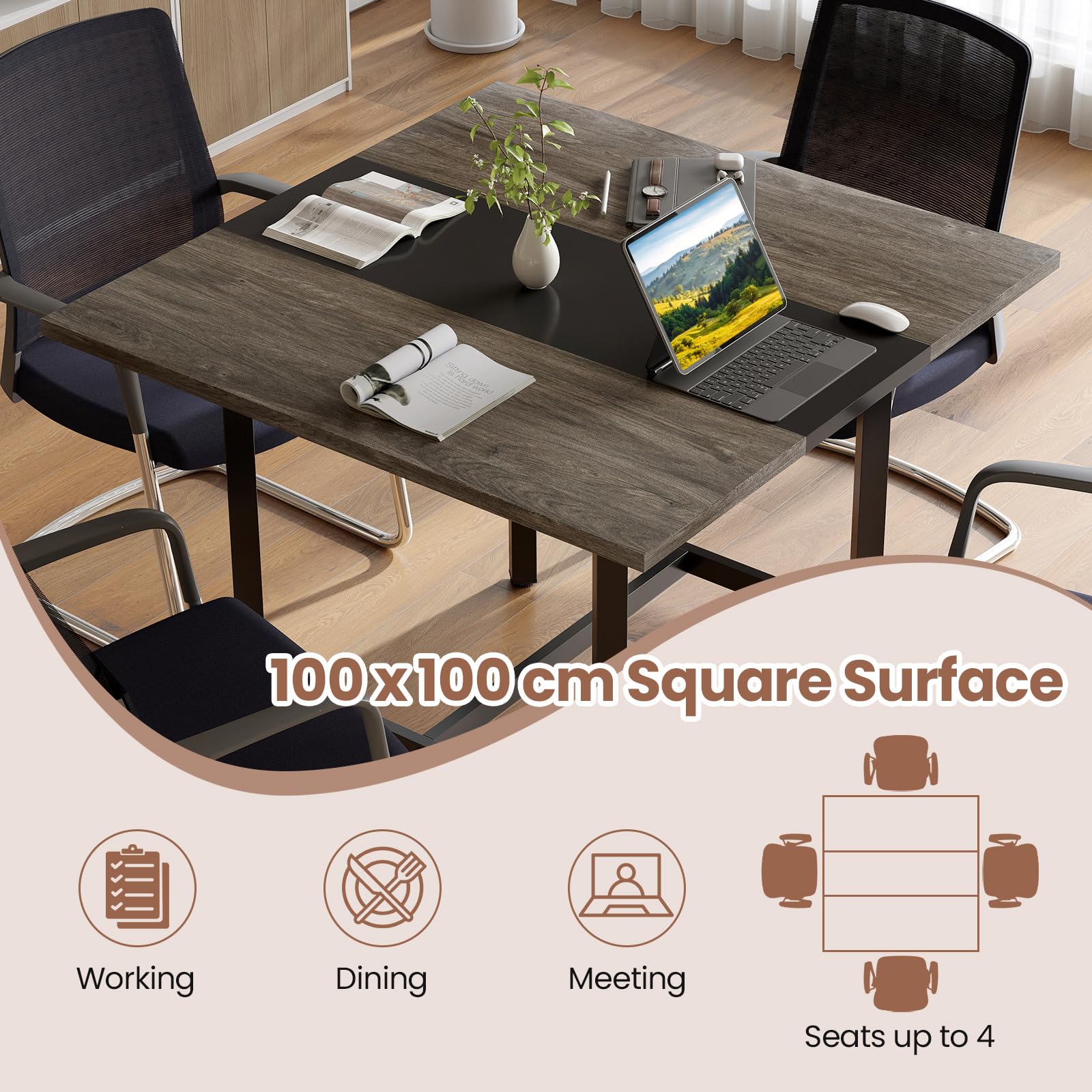 GIANTEX Petite Table de Conférence Carrée 100 cm pour 4 Personnes, avec Cadre Métallique Robuste, 100 x 100 x 75 cm, Design Compact, Table de Reunion pour Salle de Conférence, Bureau, Gris