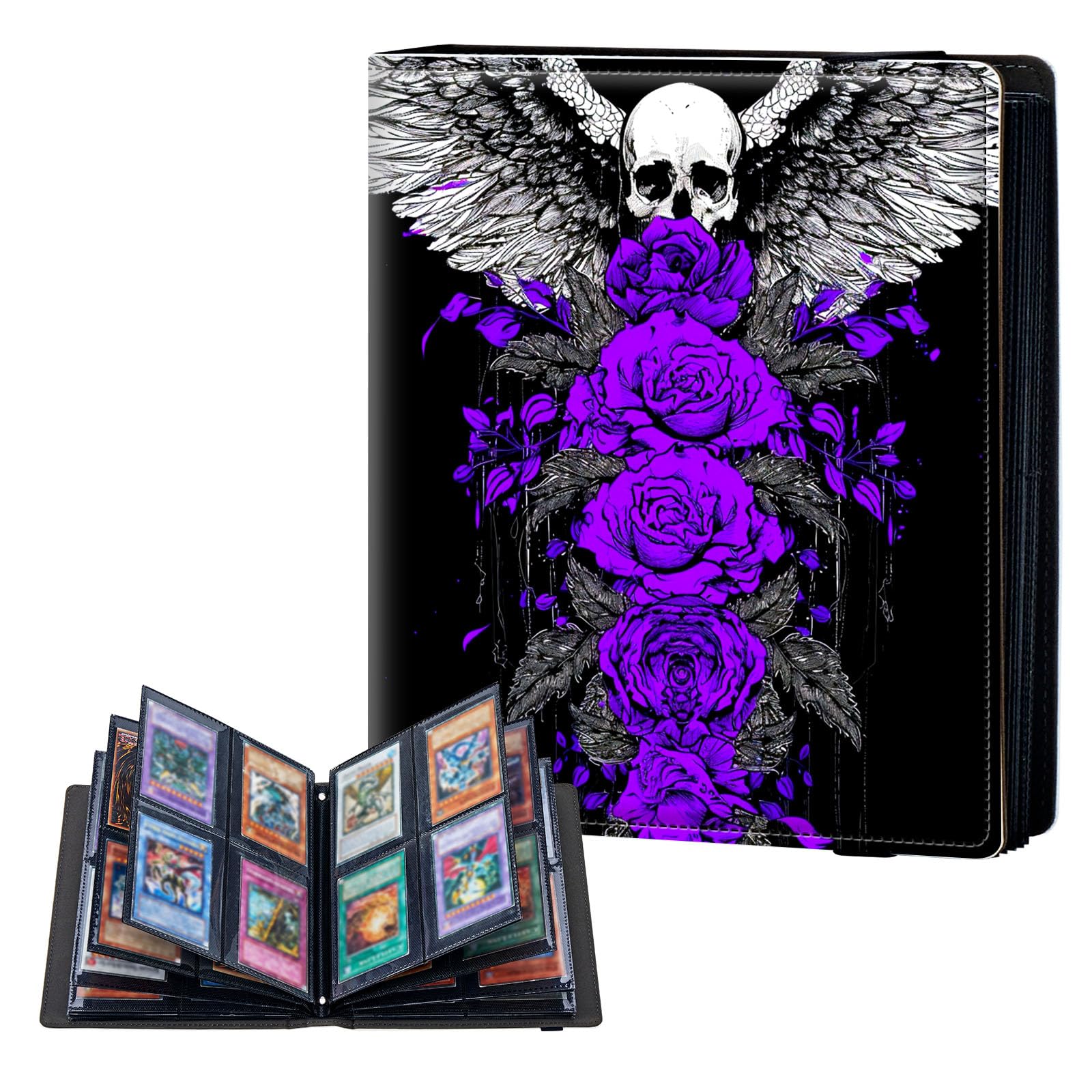 ETLKJVBL 4 Pocket Trading Card Binder, Card Collection Binder for TCG, MTG, Sports Cards, Baseball, Purple Roses Skull Angel Wing Trading Card Book Holder for Collectors, Top Loader Binder โ image 1