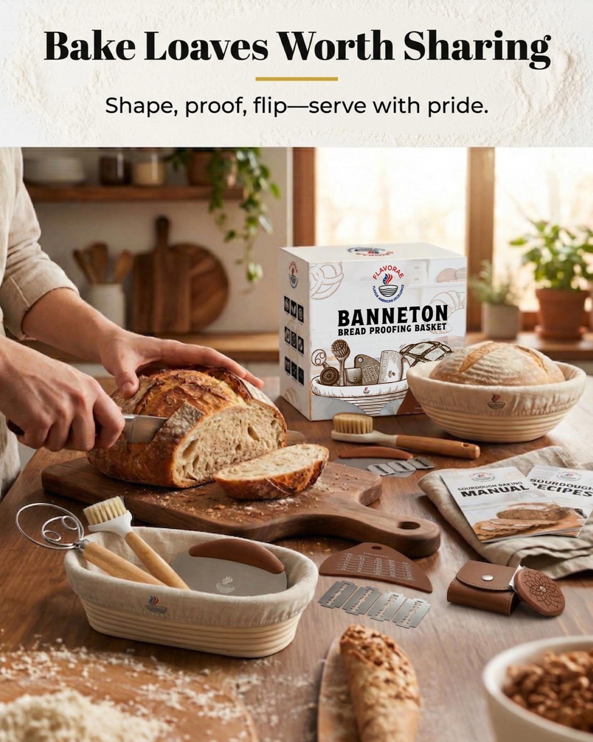 Brotgärkörbchen 2er-Set – rund 22,9 cm & ovales 25,4 cm Banneton mit Einlagen, Sauerteig-Starter-Set, natürliches Rattan-Teiggärkörbe für handwerkliches Brotbacken