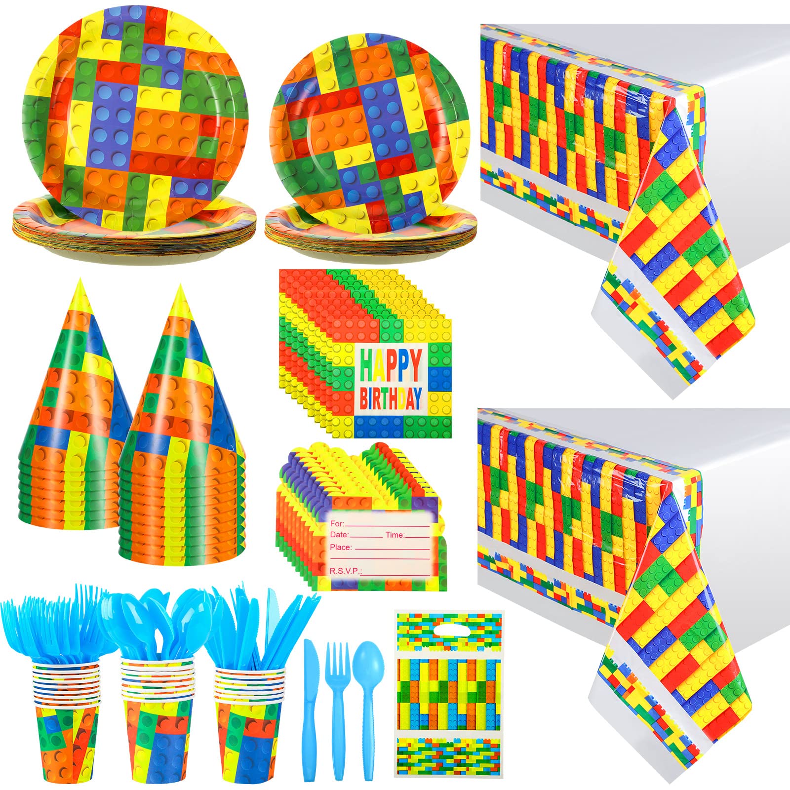 242 Pcs Building Block Birthday Party Supplies Set for 24 Guests Tablecloth Plates Napkins Paper Hats Gift Bags Invitation Cards Spoons Forks Knives Cups for Colorful Brick Party (Toy Brick)