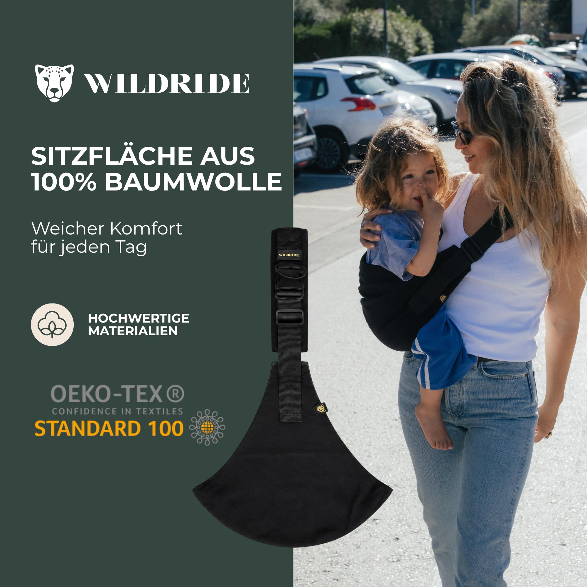 Wildride Kindertrage x MarieMarie, Hüfttrage für Kleinkinder ab 9 Monaten, 100% Baumwolle, leicht & kompakt, bis 20 kg, SGS geprüft