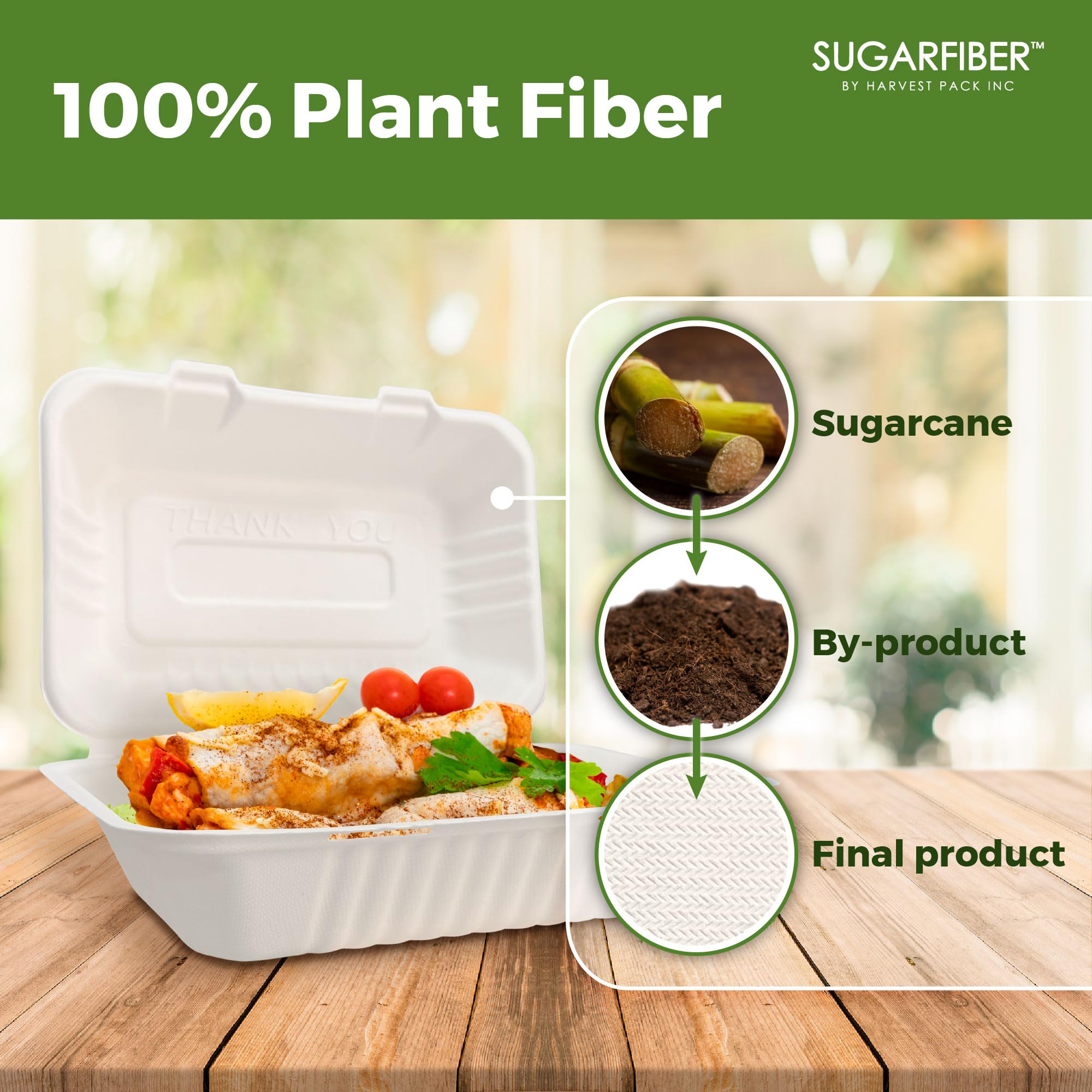 Paquete de cosecha de 8 x 8 pulgadas, contenedor cuadrado compostable blanco con bisagras, caja desechable de un solo compartimento para llevar, hecha de fibras vegetales de bagazo ecológicas, sin