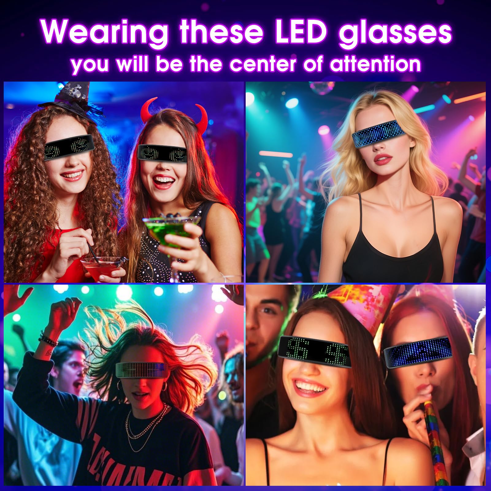 Gugxiom Divertidas gafas LED, gafas de fiesta LED, control de aplicaciones, imagen DIY, decoración luminosa recargable por USB, gafas luminosas únicas para danza de barba, fiesta de Halloween