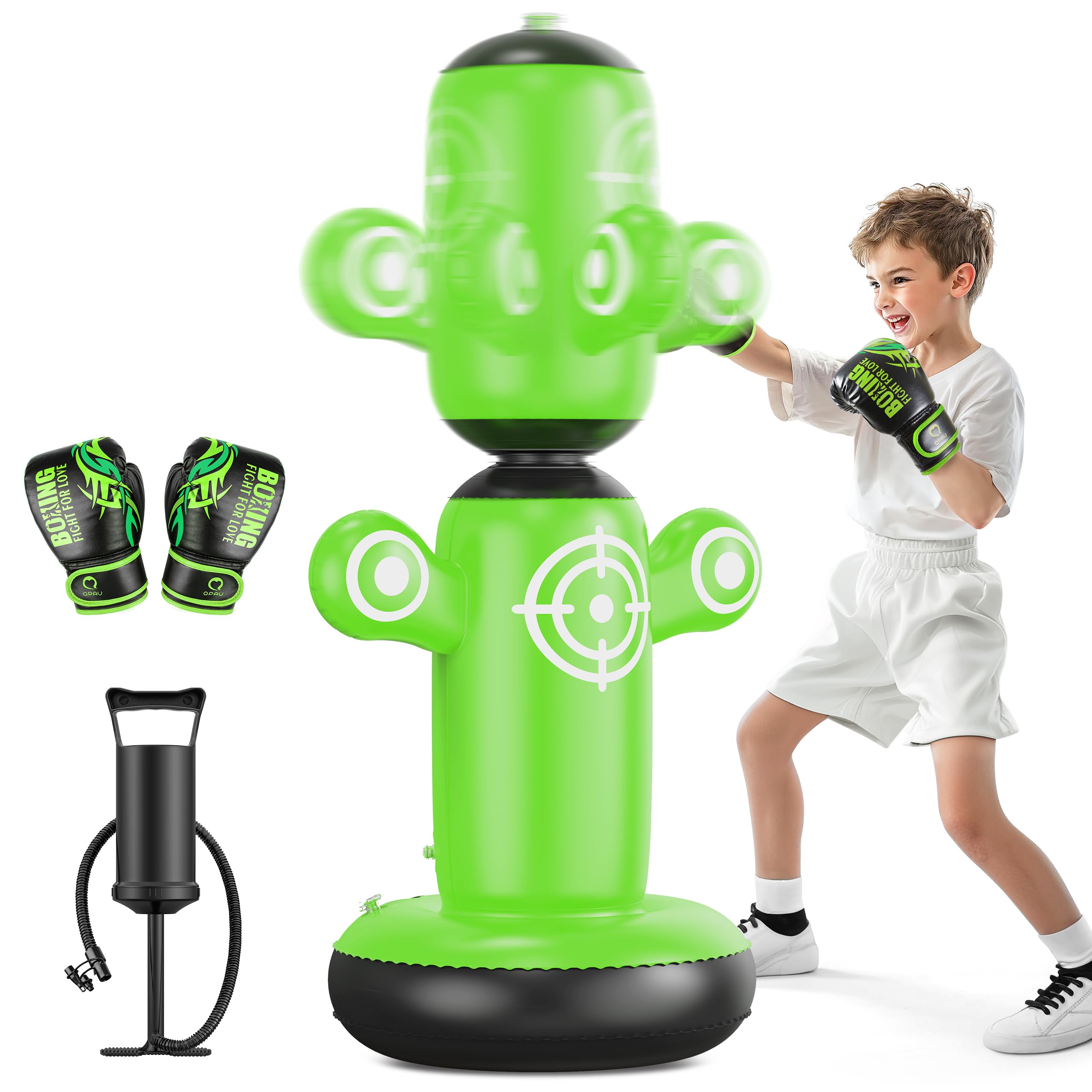 QPAU 360° Rotatable Punching Bag for Kids, Lager 64” Kids Punching Bag with Gloves, Hand Pump & 6 Targets, Bop Bag Inflatable Punching Toy, Karate Gifts for Boys, Girls (Green)