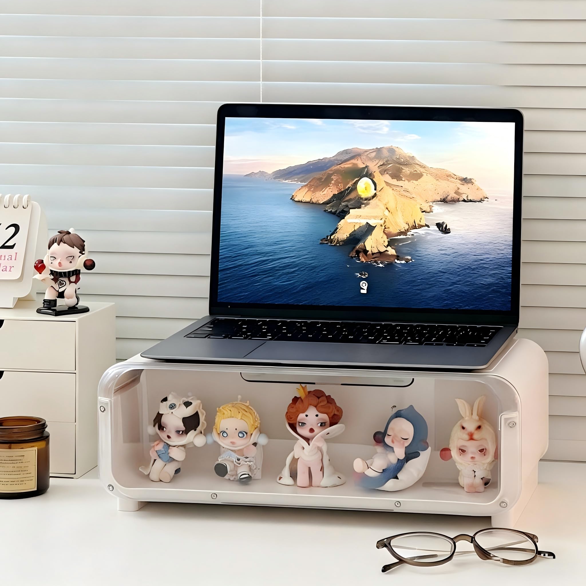 Supporto Monitor Scrivania, Supporto PC Portatile, Supporto Schermo PC da Tavolo Ergonomico, Laptop Computer Monitor Stand con Cassetto Portaoggetti, Accessori Scrivania, Bianco（37x21x13cm）