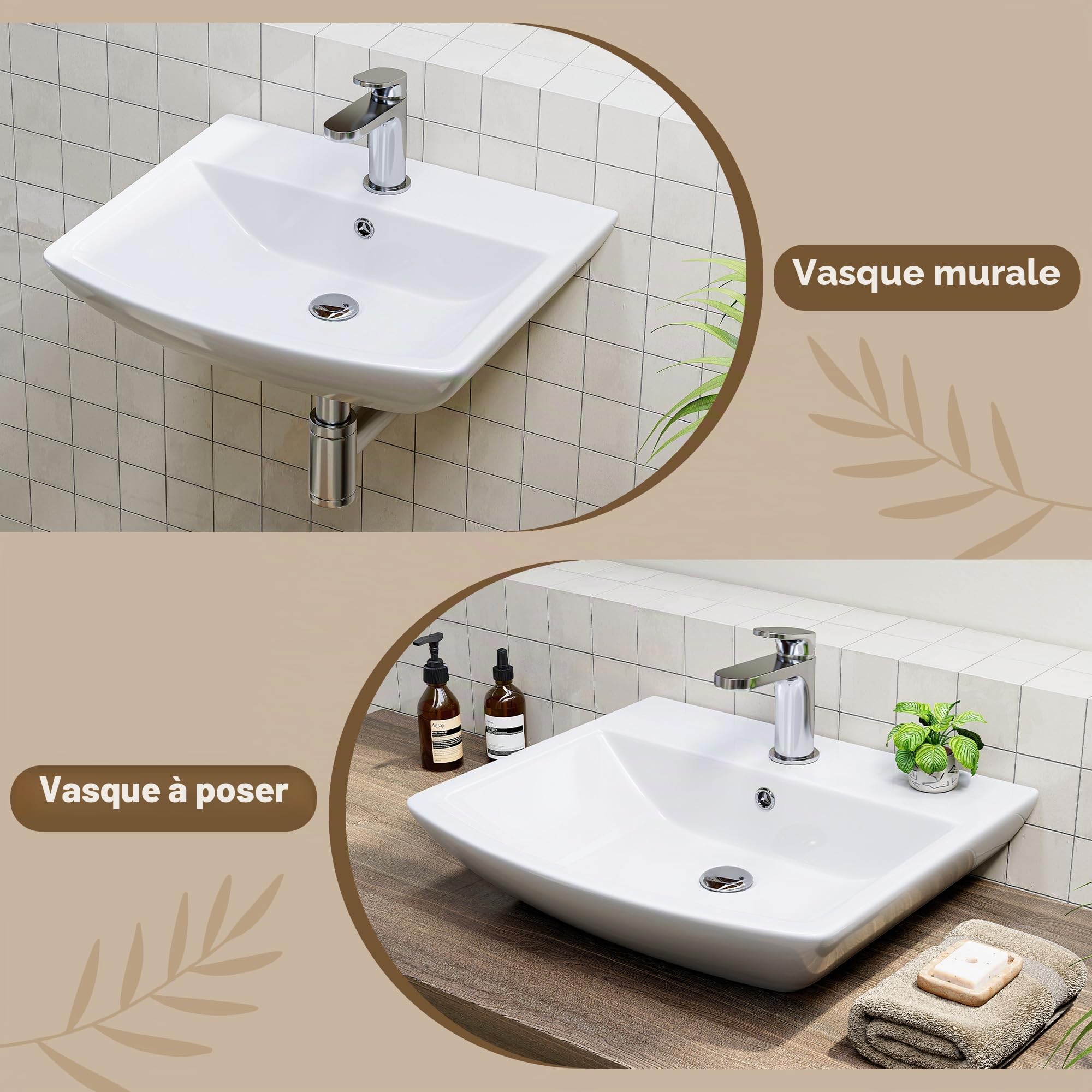 HOROW Lavabo de salle de bain petit avec trop-plein - Lavabo à poser - Pour salle de bain d'invités - Lavabo suspendu - Lavabo mural avec trou pour robinet - En céramique - Blanc - 50 cm