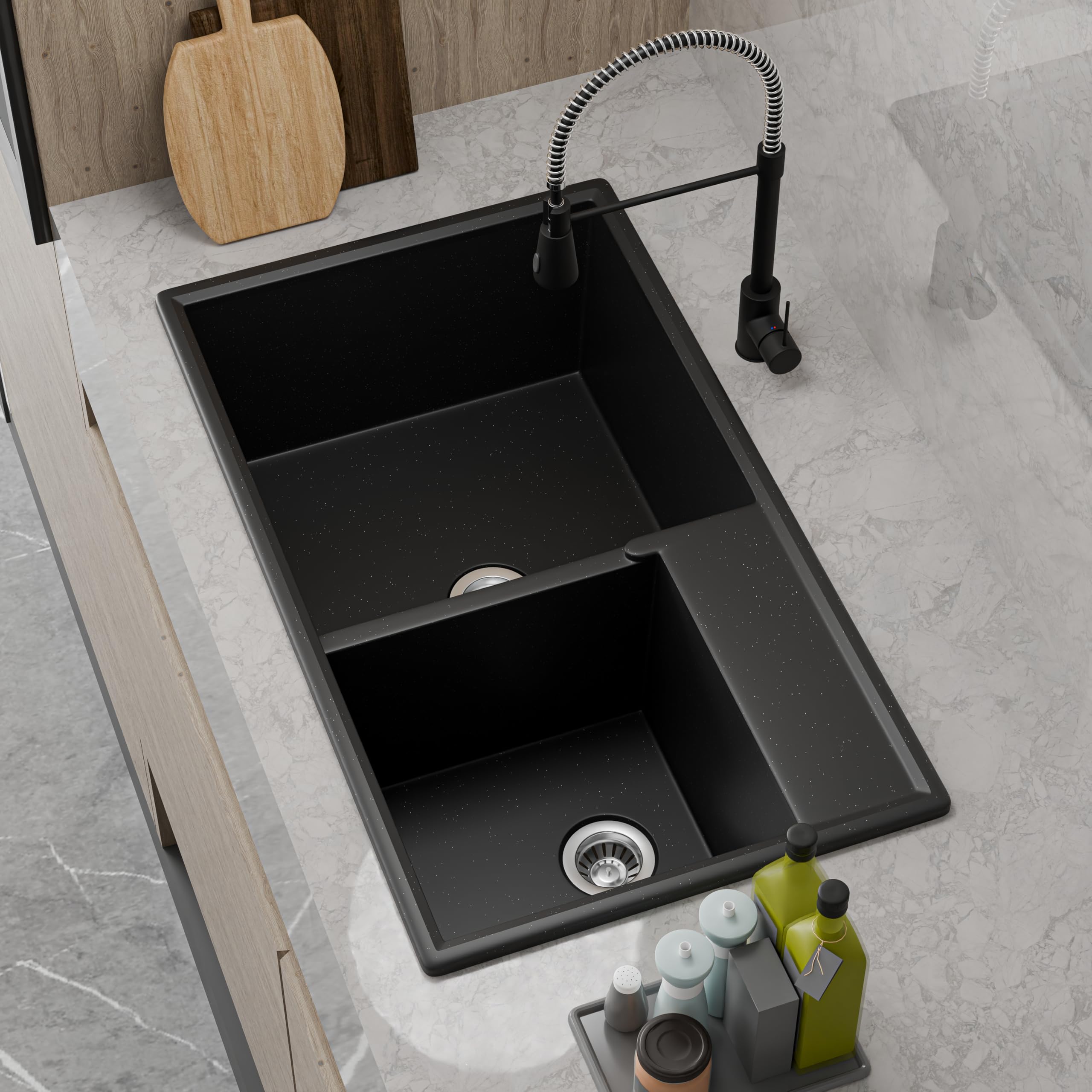 HISRE Quartz Kitchen Sink | 31x18x9 Inches Double Bowl Quartz Sink for Kitchen | UV Protected Sound Dampening Scratch Resistant Noise Reducing Durable and Easy to Clean | Black, photo 3 of 5
