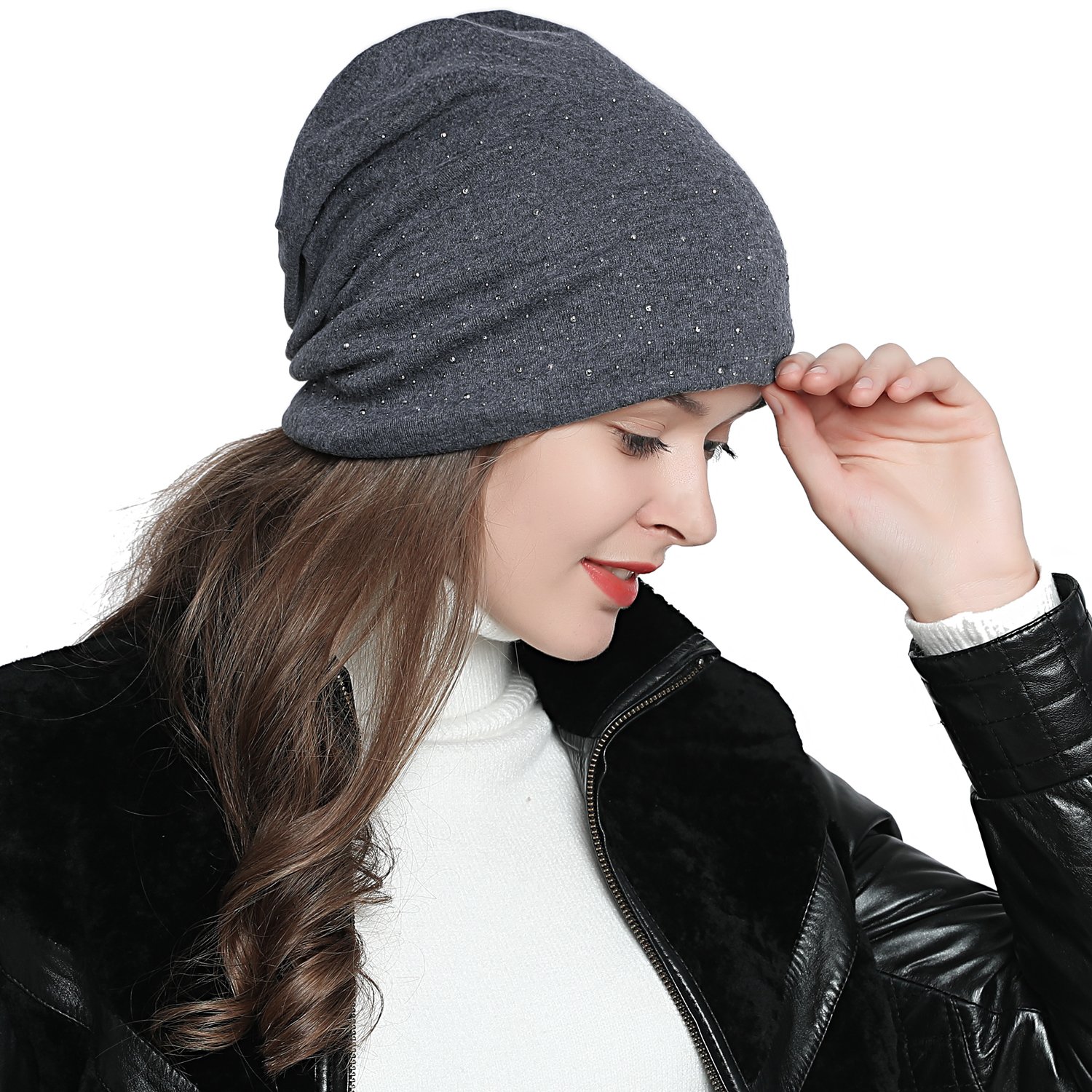 Dondon Women's Grey Slouch Beanie With Strass Rhinestones And Soft Inner Lining