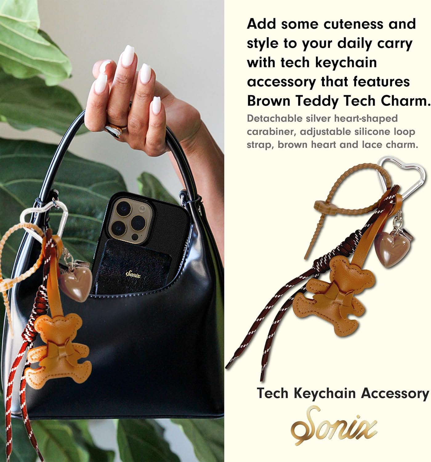 Sonix Teddybear Tech Keychain Accessory - Cute Aesthetic Bag Charm Key Chain for Purses, Handbags - Brown Bear - Image 4
