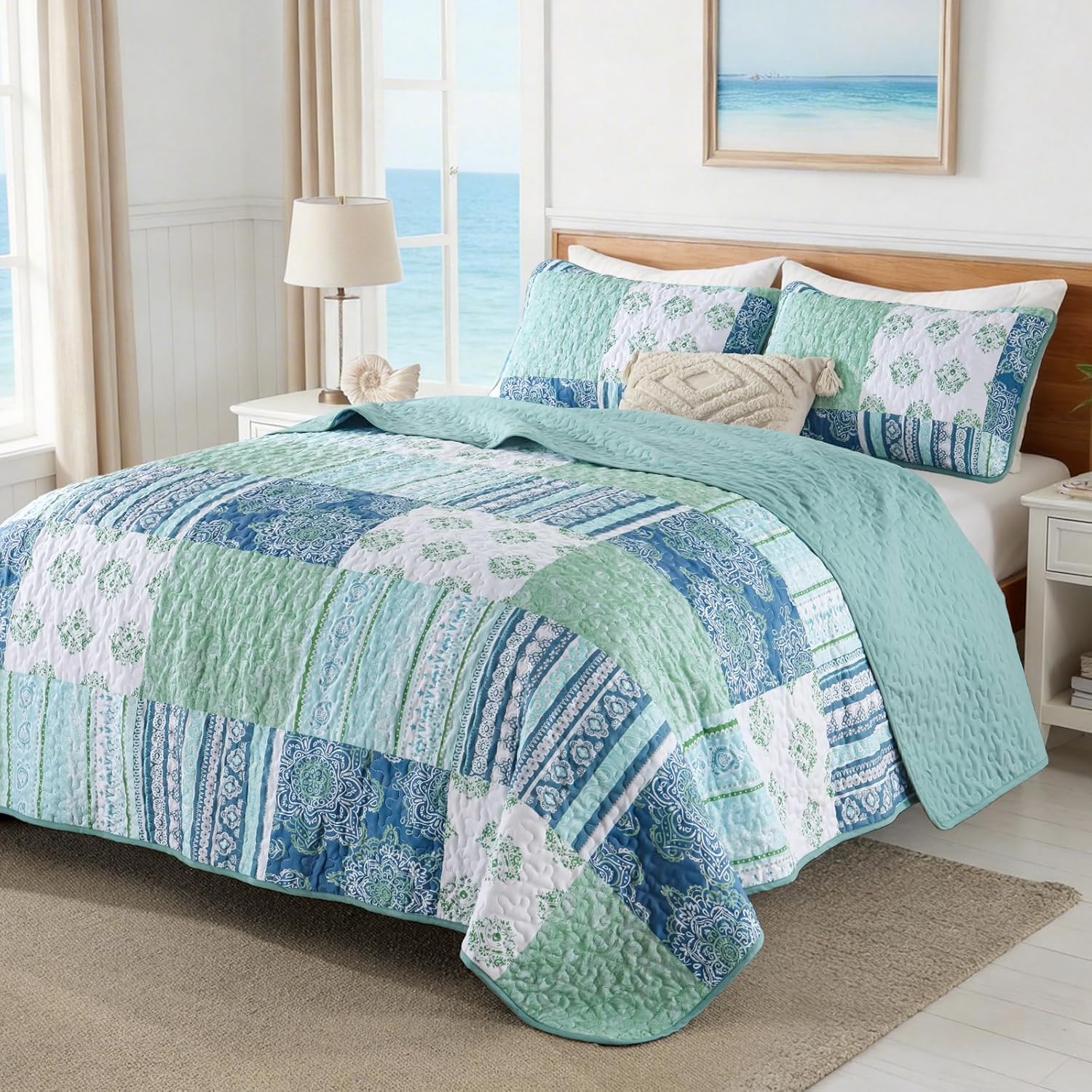 Dintszyayue Green Quilt Set King Size Boho Plaid Patchwork Bedspreads Coverlet Set Aqua, Soft Lightweight Summer Quilt Bedding Set All Season Bedspread,1 Quilt and 2 Pillow Shams-104 x90