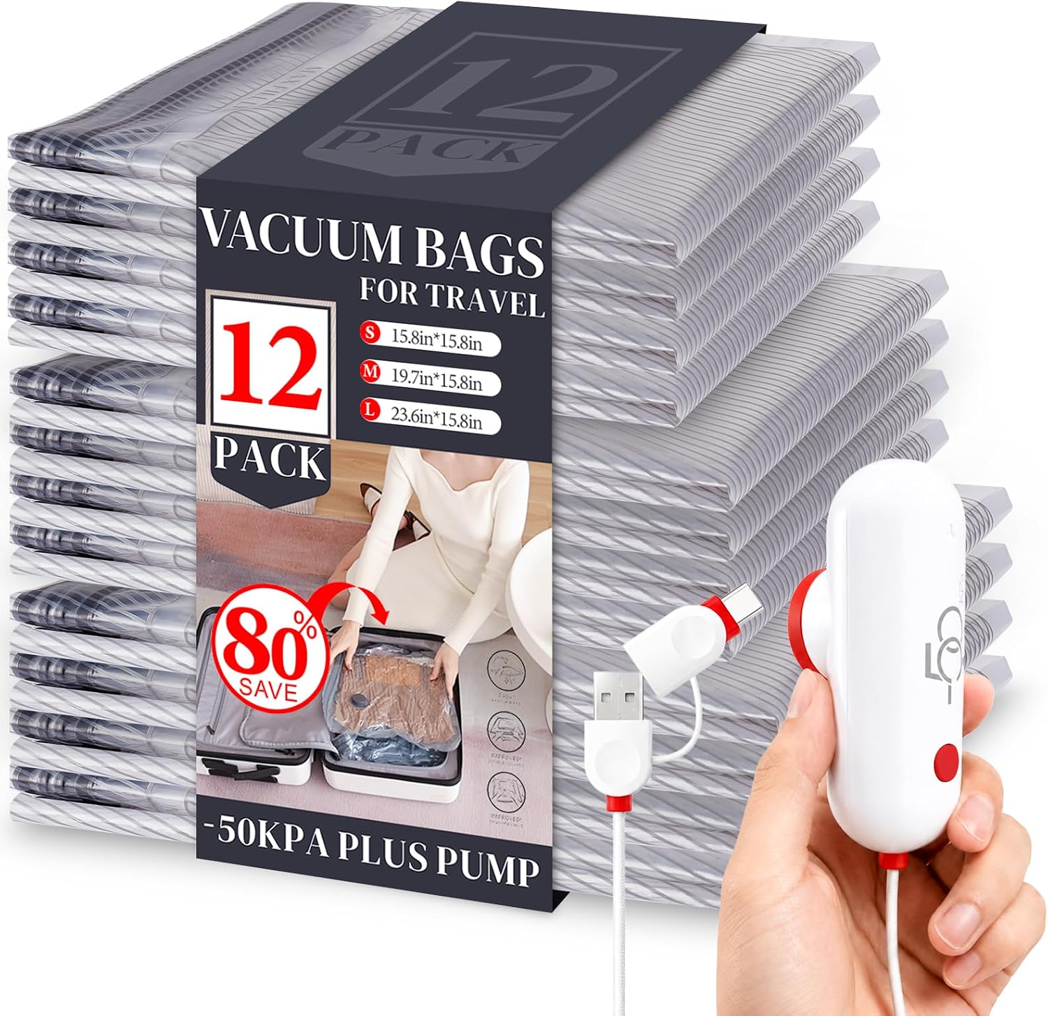 Vacbird Vacuum Seal Bags for Travel - 12 Pack Space Saver Bags with Electric USB Pump, Vacuum Seal Compression Packing for Clothes and Luggage
