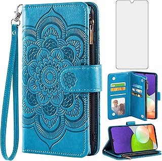 Asuwish Phone Case for Samsung Galaxy A22 4G 6.4 inch Wallet Cover with Tempered Glass Screen Protector and Flip Credit Card Holder Stand Cell Gaxaly M32 M22 F22 Galaxies A 22 22A G4 Women Men Blue