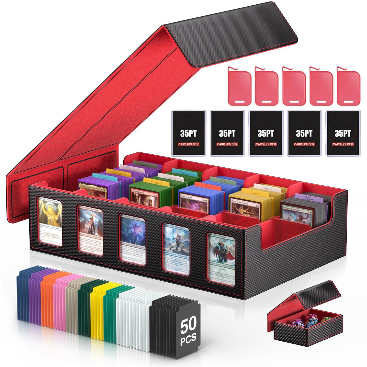 Trading Card Storage Box mit Commander Display, 3900+ Karten Commander Deck Case hält mit abnehmbarem Deckel, 5-Reihe MTG Organizer für TCG PTCG Sports Card,5 Toploader,50 Teiler (Rot)