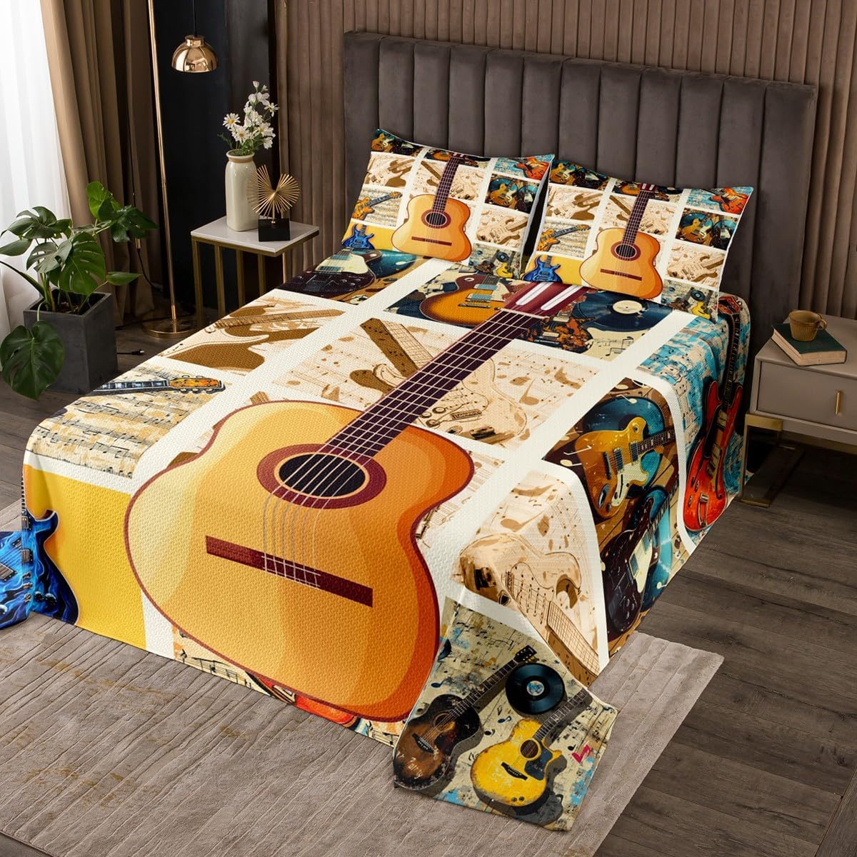 Homewish Guitar Music Bedding Set King Size,Wood Guitar Bedspread 3Pcs for Kids Teens Woman Boys Bedroom Decor,Patchwork Plaid Comforter Set Vintage Pop Music Quilt Coverlet,2 Pillowcases