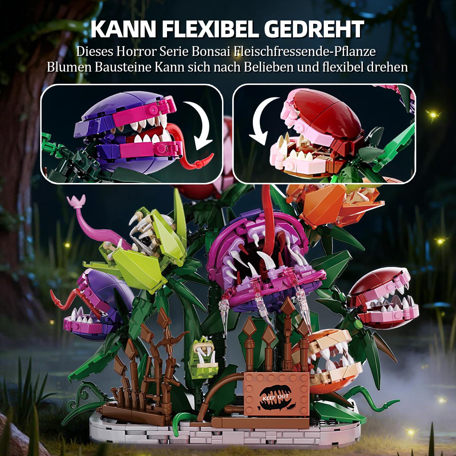 Horror Bonsai Fleischfressende-Pflanze Blumen Bausteine, 1266 Teile Botanicals Garten Deko Modell, Creative Halloween Ferien Geschenk für Pflanzenliebhaber Erwachsen Sammler