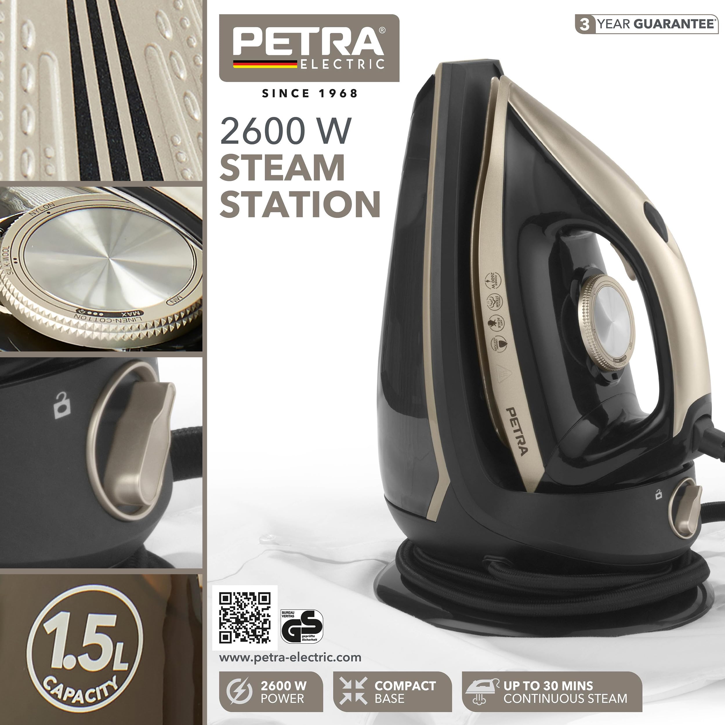Petra PF01483VDEEU7 Stacja parowa 2600 W, kompaktowy generator pary i miejsce na przewód 1,9 m, duzy wyjmowany pojemnik na wode 1,5 l z blokada, do 30 min ciaglego strumienia pary, funkcja AntI-Calc