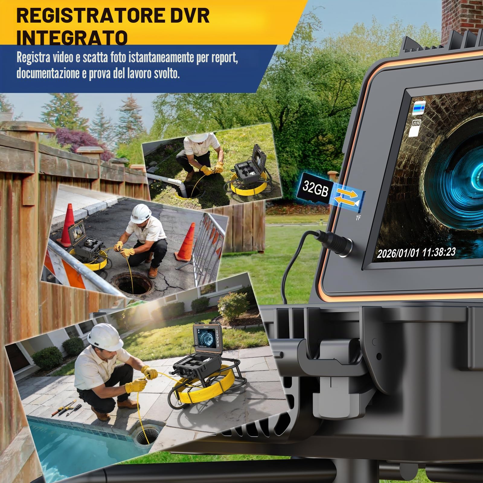 Anysun Auto-Livellamento Telecamera Ispezione, 50M Videoispezione con Trasmettitore 512Hz, Telecamera 23MM 1080P HD, Cavo 7MM, DVR, IPS 9" Endoscopio Tubi IP68 Impermeabile con Batteria 5100mAh