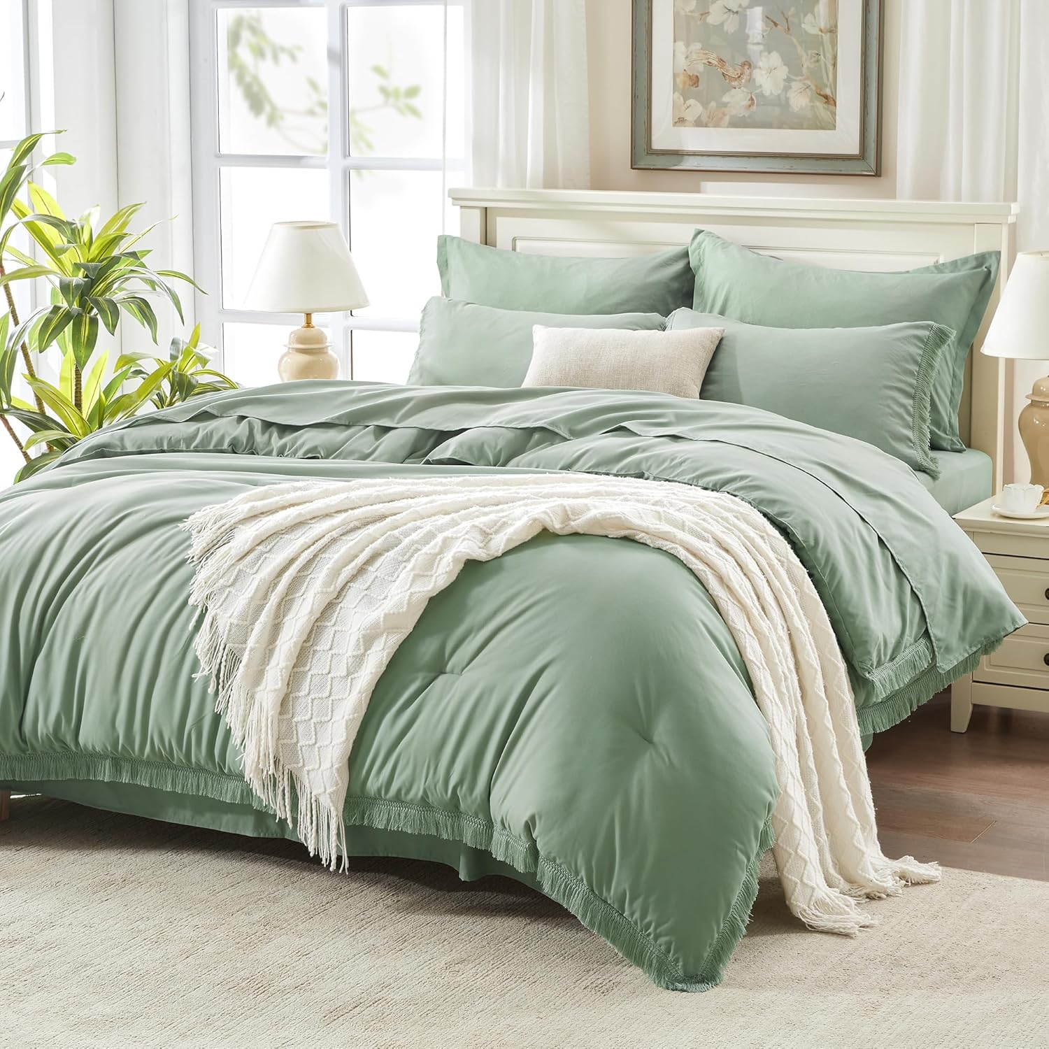 Andency Full Size Comforter Set Sage Green -7 Pieces Boho Tassel Bed in a Bag Soft Lightweight Bedding Sets, All Season Fringe Bed Set with Comforter, Sheets, Pillowcases & Shams 05 - Sage Green Full (79"x90")