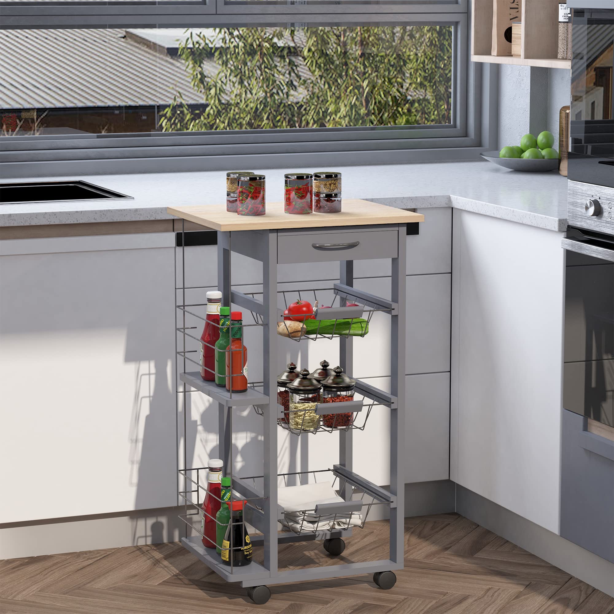 HOMCOM Carrito Auxiliar con Ruedas, 3 Cestas Metálicas, 47x37x83 cm, Gris | Carrito de Cocina, Cajón, 2 Especieros, Estructura de Madera de Pino, para Verduras y Frutas, para Comedor
