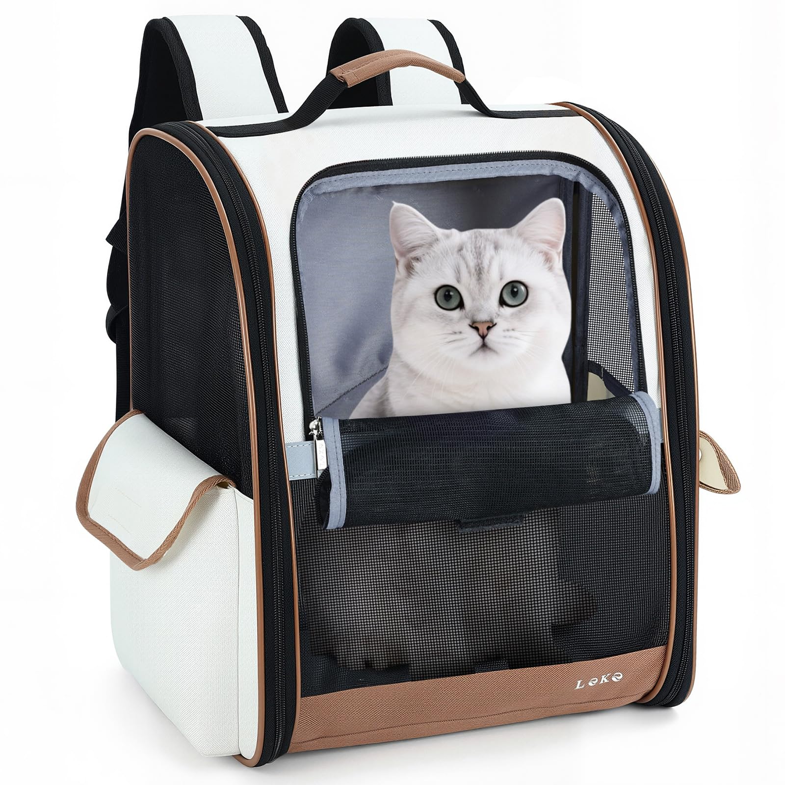 HundeRucksack und KatzenRucksack für Mittel/Kleine Haustiere(2-8KG), Haustier Rucksack mit Netzfenster für Wandern, Reisen, Outdoor (Beige)