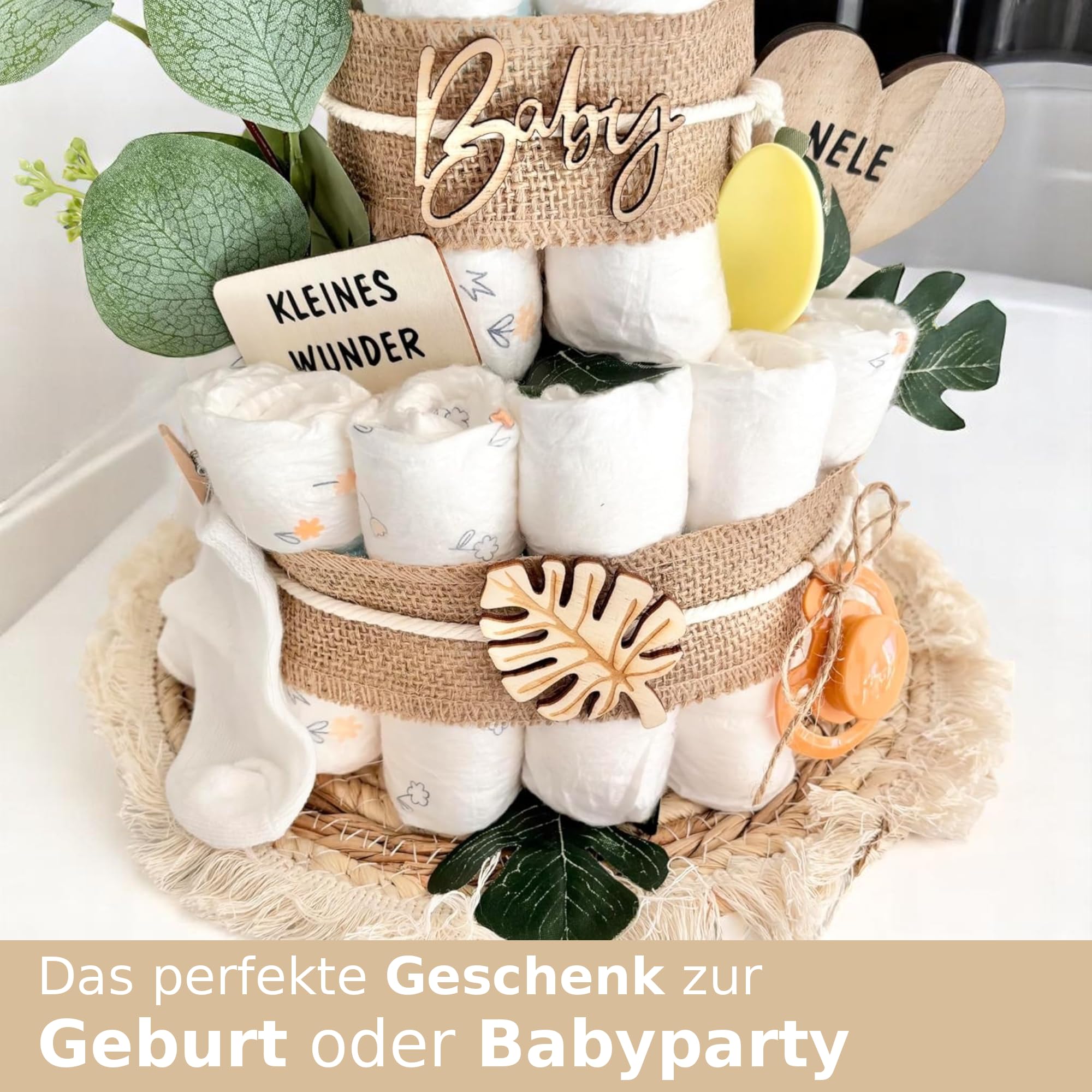Windeltorte mit Giraffe, mit Babyaccessoires und Dekoration, Name Personalisierbar, Neutral für Jungen & Mädchen, Its a Boy/Girl, Babyshower Torte Gender-Reveal Baby-Party Geschenk Geburt Deko