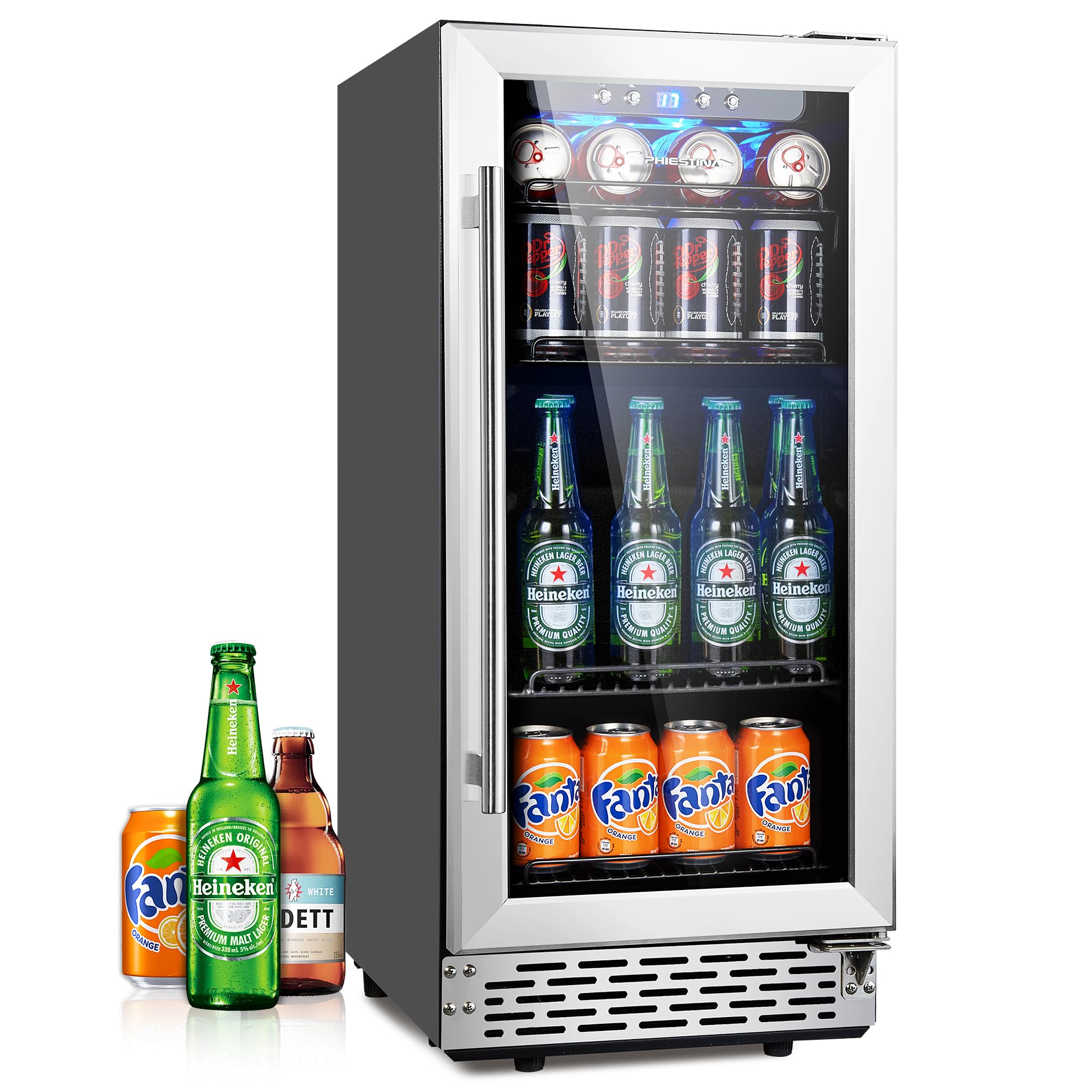 Refrigerador de bebidas Phiestina15 pulgadas, 96 latas, refrigerador de bebidas, refrigerador de vinos pequeño, empotrado o independiente con descongelación automática, puerta de vidrio, estantes extraíbles para bebidas, refrescos, cerveza y vino.