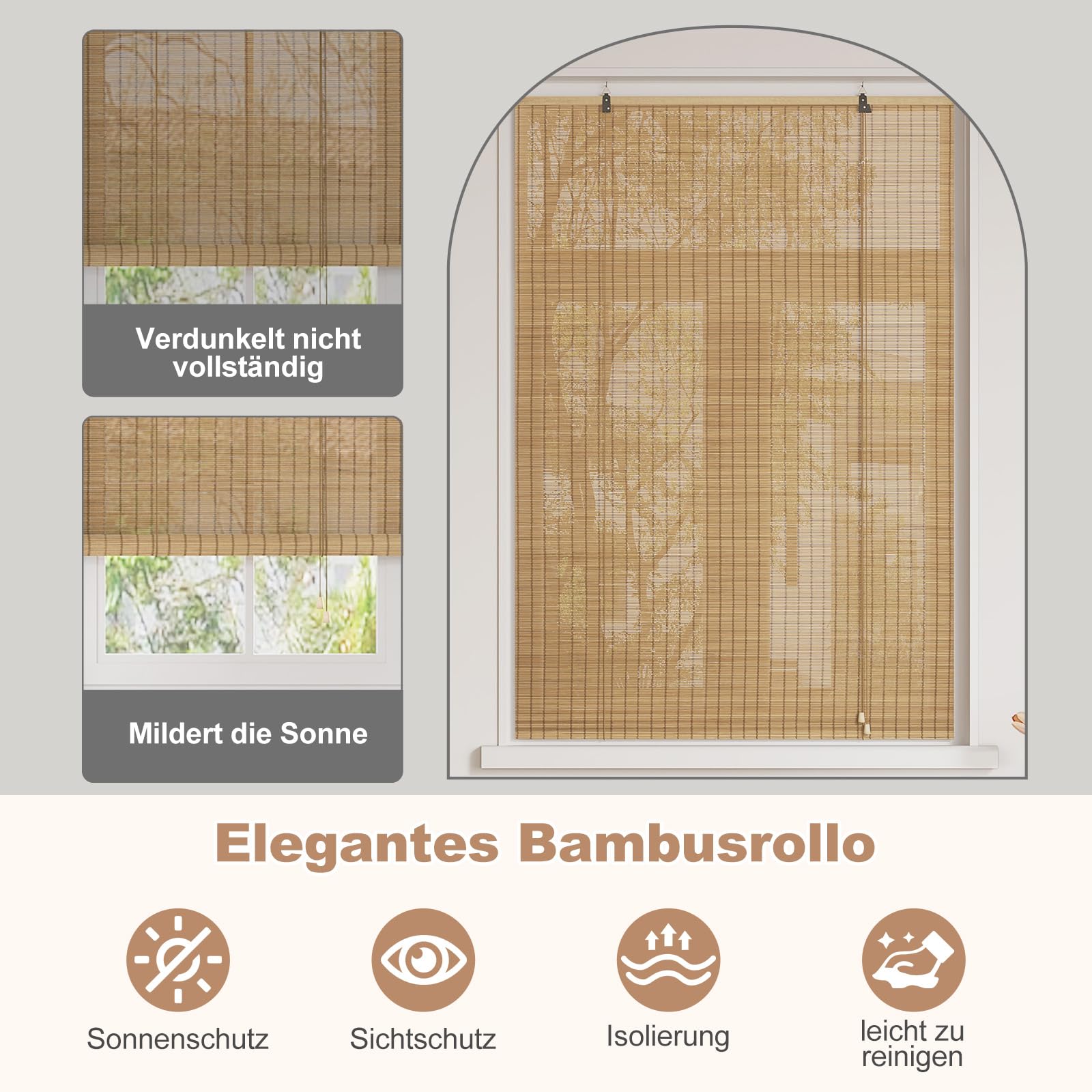 WOLTU Store Enrouleur Bambou, Protection Solaire, Store Vénitien en Bambou, Tirage Latéral, Occultant, Respirant, pour Fenêtre et Porte, Marron, 120x160 cm