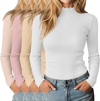 Riyiper 4 Pack Cotton Womens Mock Turtleneck Long Sleeve Tops Ribbed Lettuce Trim Slim Fit Basic Shirts Thermal Base Layer