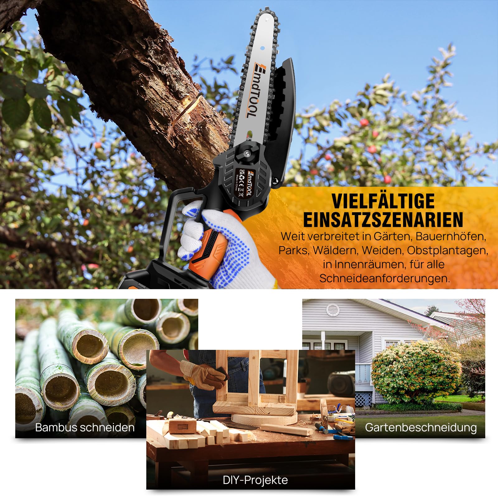21V Akku Kettensäge mit Akkus, 2 Kette, 6 Zoll Orange Kettensäge Elektrisch Handsäge Einhand Handkettensäge mit Sicherheitsschloss für Gartenarbeit Baumbeschneidung Holzschneiden