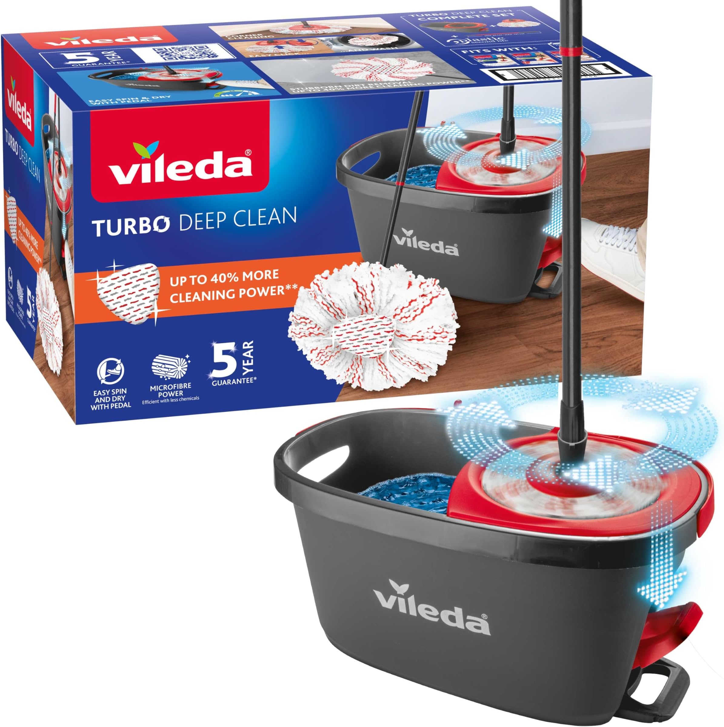 Turbo Deep Clean Spin Mop and Bucket Set with Foot Pedal Wringer | Telescopic Handle 65–131cm, Microfibre Mop Head with Scrub Pad, Machine Washable, Cleans Hard Sealed Floors, 5 Year Guarantee