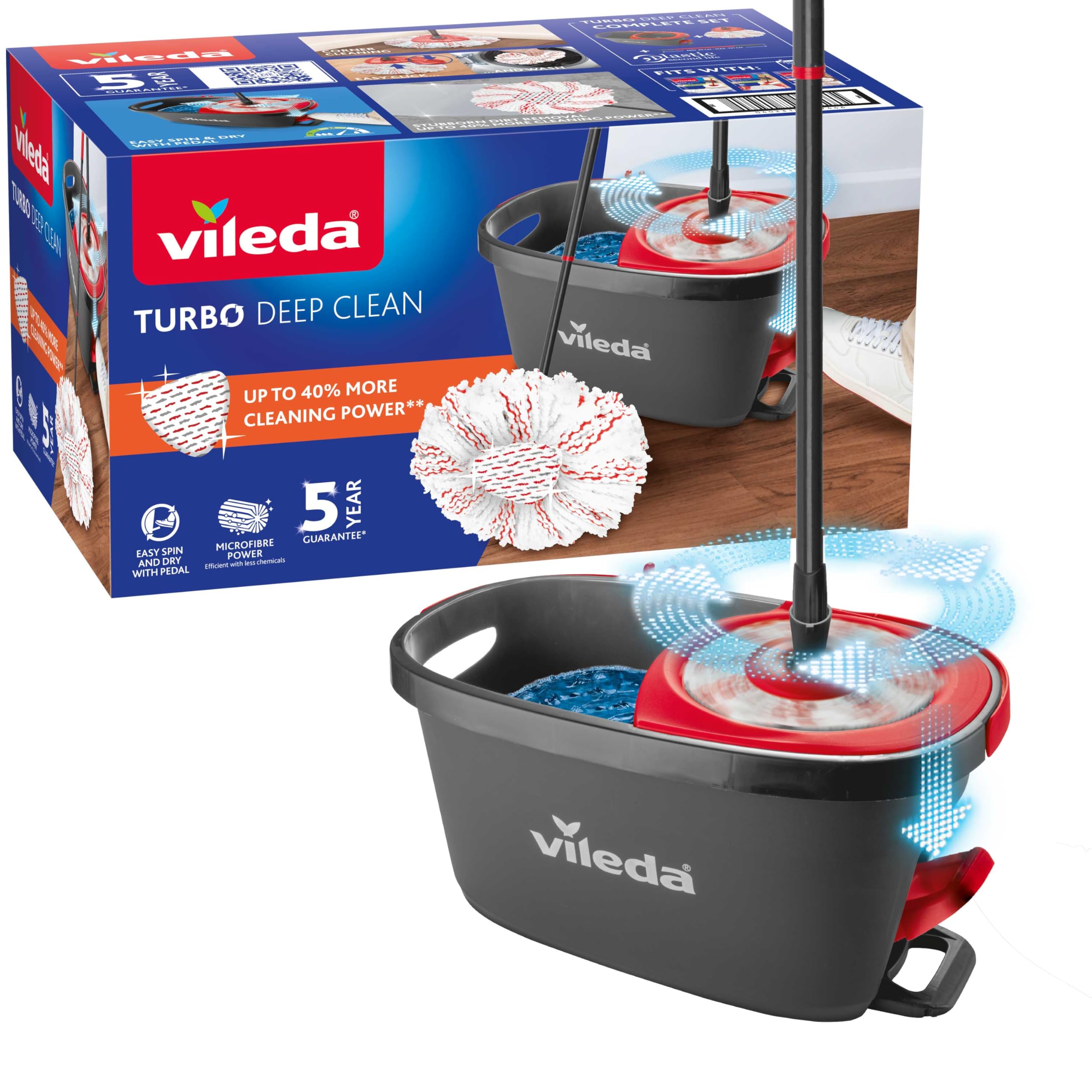 Set de fregona y Cubo Vileda Turbo Deep Clean con escurridor Giratorio Activado por Pedal | Palo telescópico de 65 a 131 cm | Cabezal de Microfibra Potente