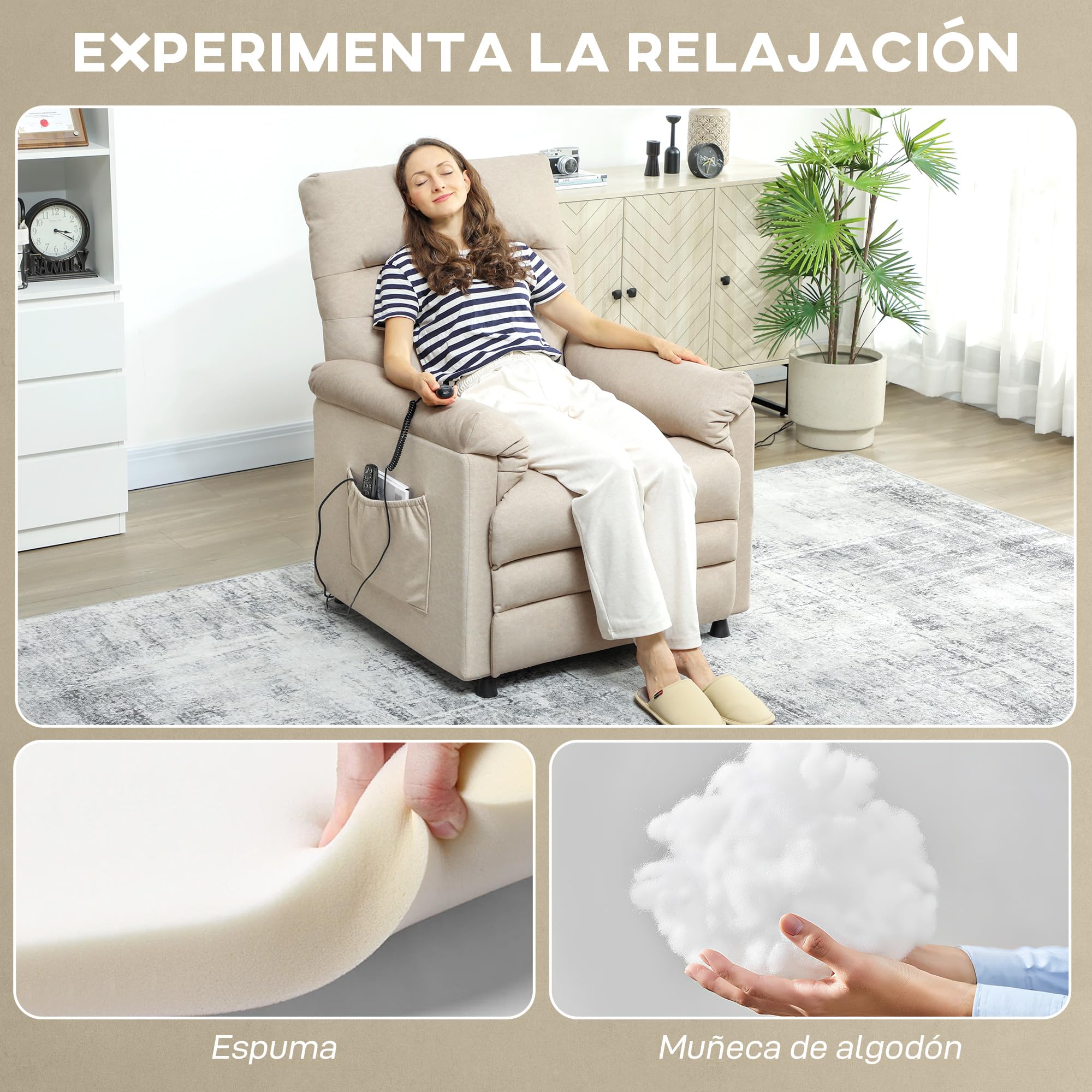 HOMCOM Sillón Relax Reclinable Eléctrico, con Calor Lumbar y Masaje Vibración, Sillón Masaje Relax, Motor Silencioso, Función de Memoria, Bolsillos, Control Remoto con USB, Tejido Pet-Friendly, Beige