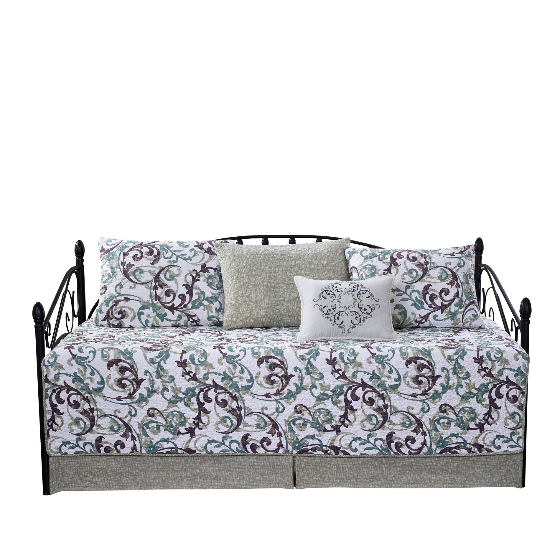 Home Soft Things 6 Piece Quilted Microfiber Daybed Bedding Cover Set, Soft Lightweight All Season Coverlet Quilts Set with Bedskirt, Matching Shams, Decorative Pillow, 75" x 39", Ravello Scroll