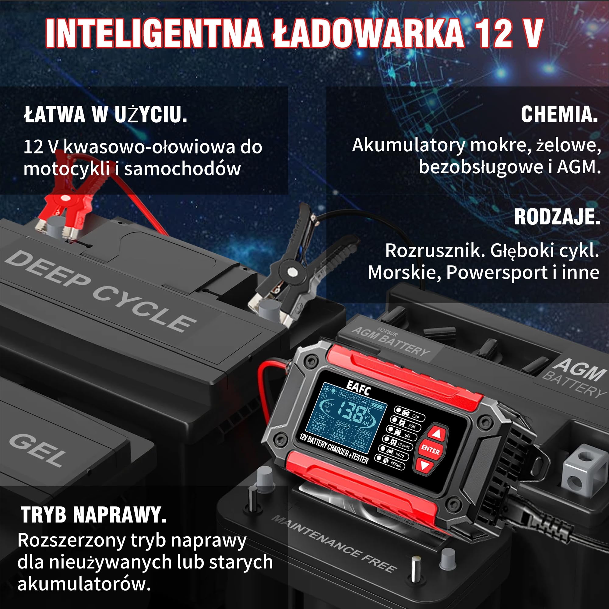 12 V ładowarka do akumulatora samochodowego, 6 A, tester baterii 100 – 2000 CCA 4 – 120 Ah, ładowarka do akumulatorów, analizator, kompatybilna z ołowiem 12 V, AGM, żelem, do samochodu, SUV, motocykla