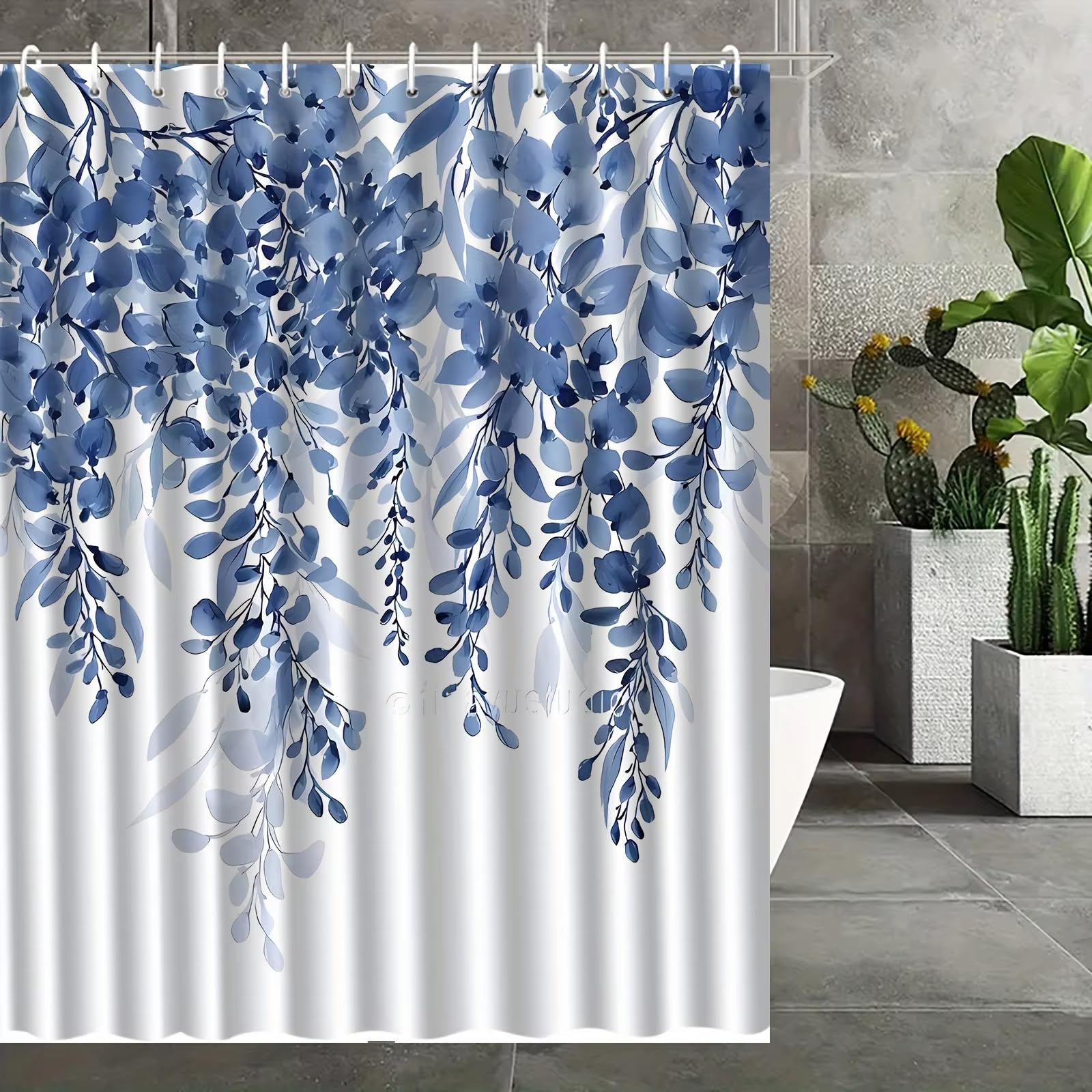 Cortina de Ducha Estampada con diseño de Enredadera de Flores Azules para la decoración del baño del hogar con Ganchos, Tela de poliéster Lavable a máquina (180x240cm (71x94in))