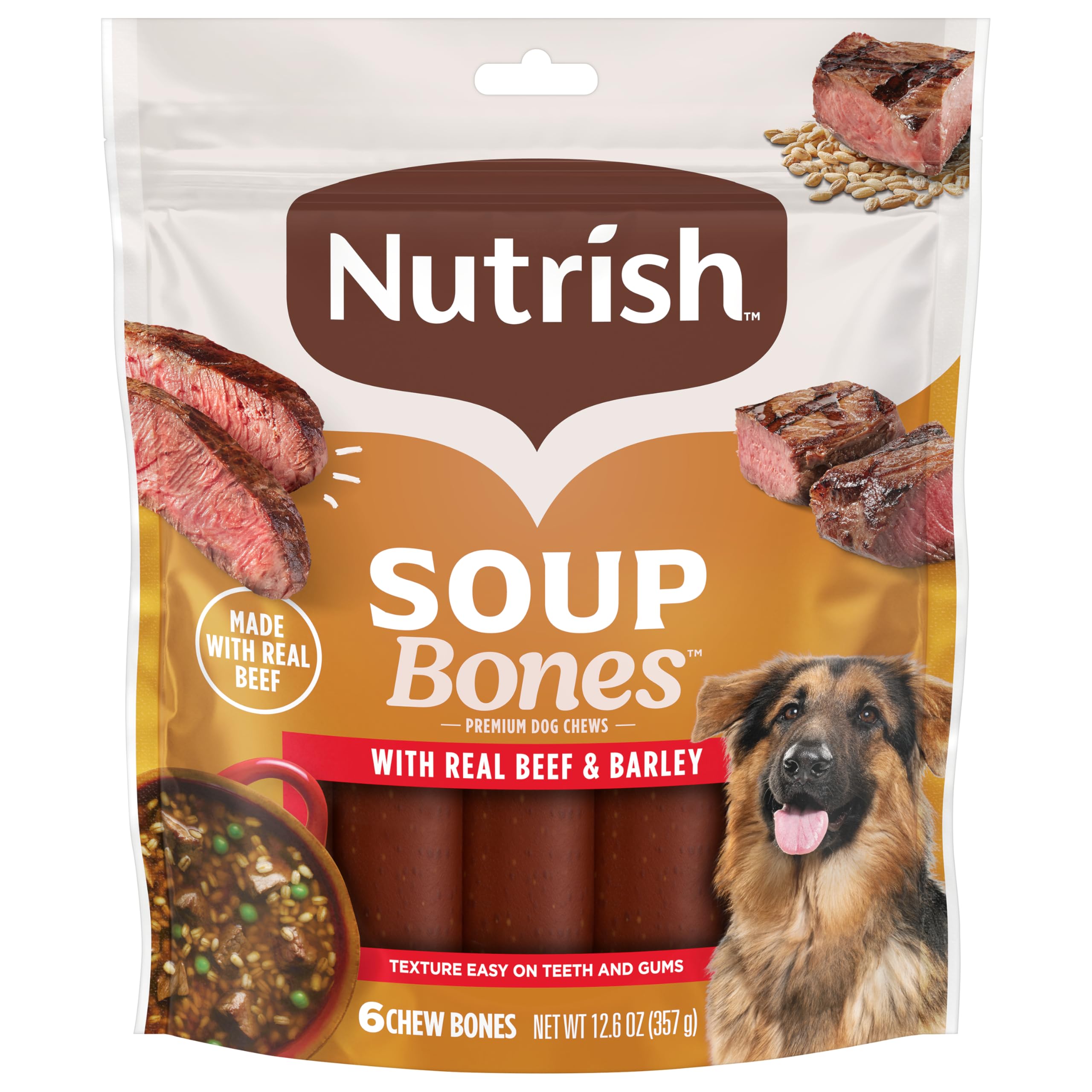 Nutrish Soup Bones Premium Dog Chews with Real Beef and Barley, Stocking Stuffer for Dogs, 6 Chews (Rachael Ray)