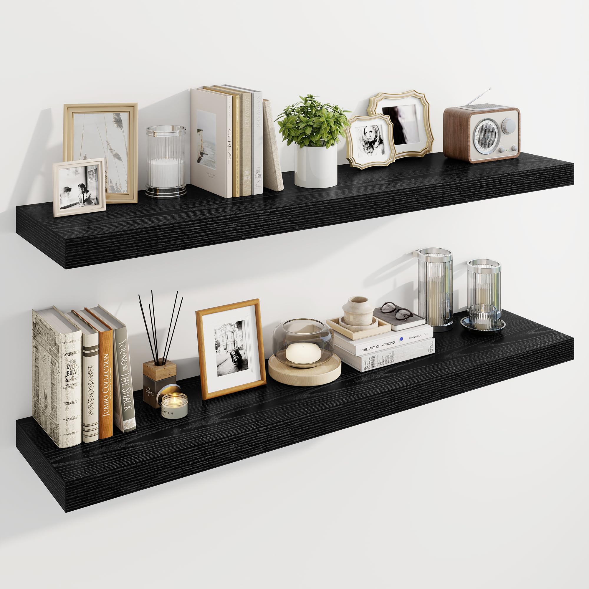 Marsmiles 120cm Floating Shelves for Wall, Wooden Shelves with Invisible Brackets Set of 2, Rustic Farmhouse Wall Mounted Shelf for Kitchen Bathroom Living Room Study, Black
