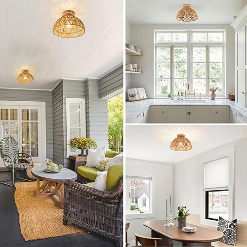 Miniatura 6 de Lámpara de ratán estilo bohemio, lámpara de techo de ratán empotrada, lámpara de techo tejida pequeña de madera, candelabro de ratán