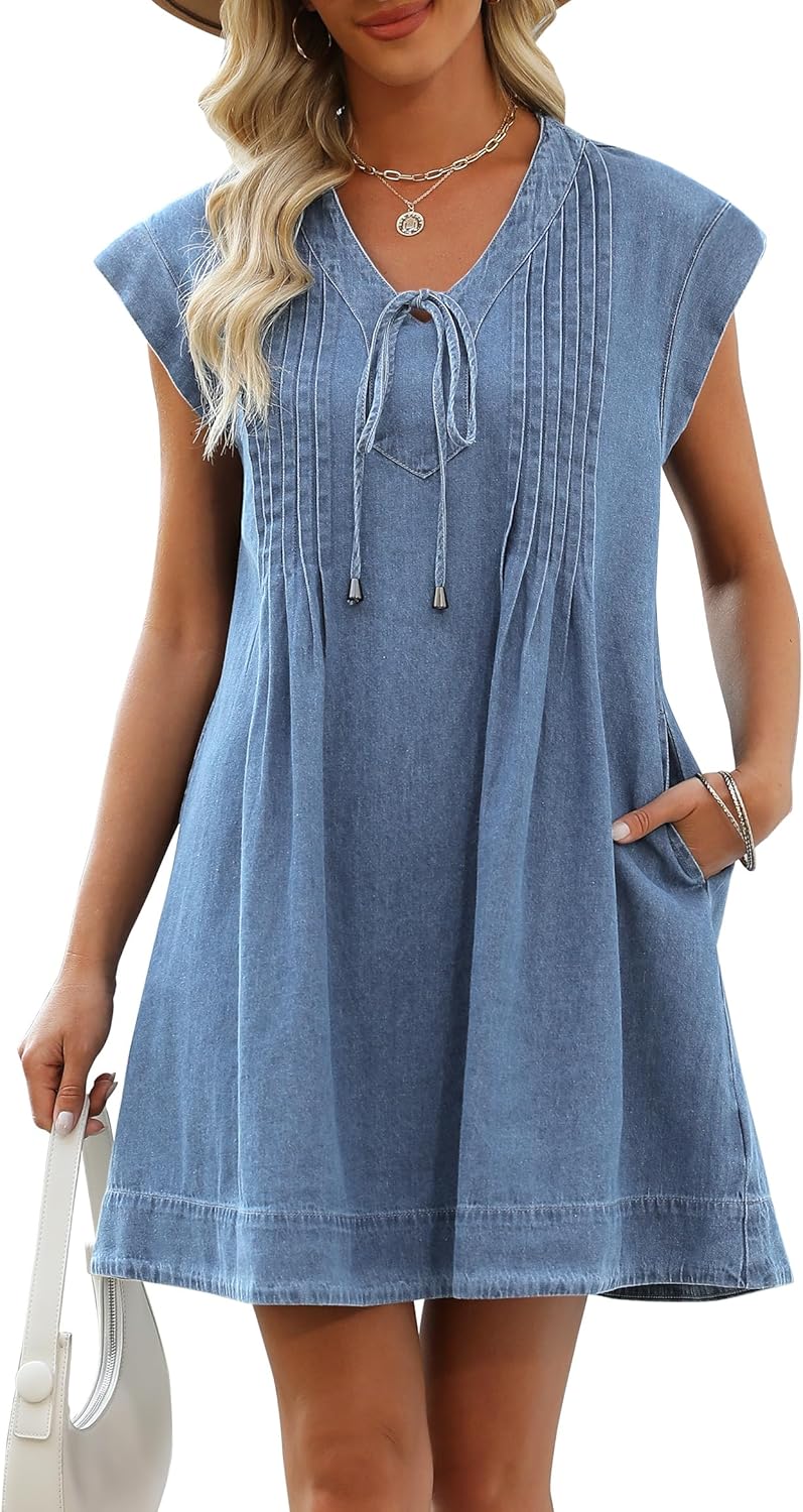 Denim Dress for Women,V Neck Jean Dresses Short Sleeves Denim Romper Dress with Pockets - Image 2