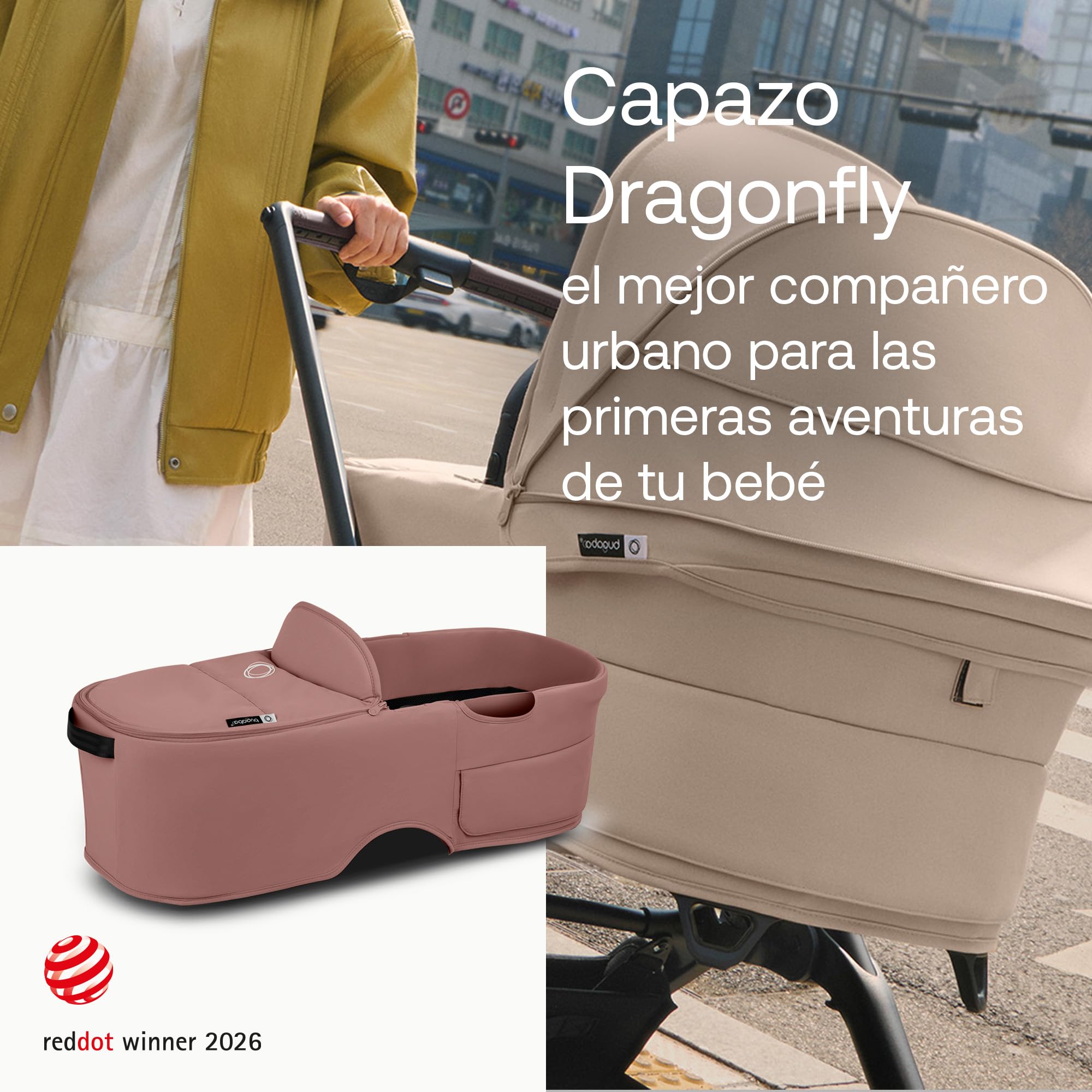 Bugaboo Capazo Dragonfly, con Colchón Ventilado y Protector, Plegado fácil con una Mano con capazo o Silla, Compatible con el Carrito Urbano Dragonfly, Dusty Pink